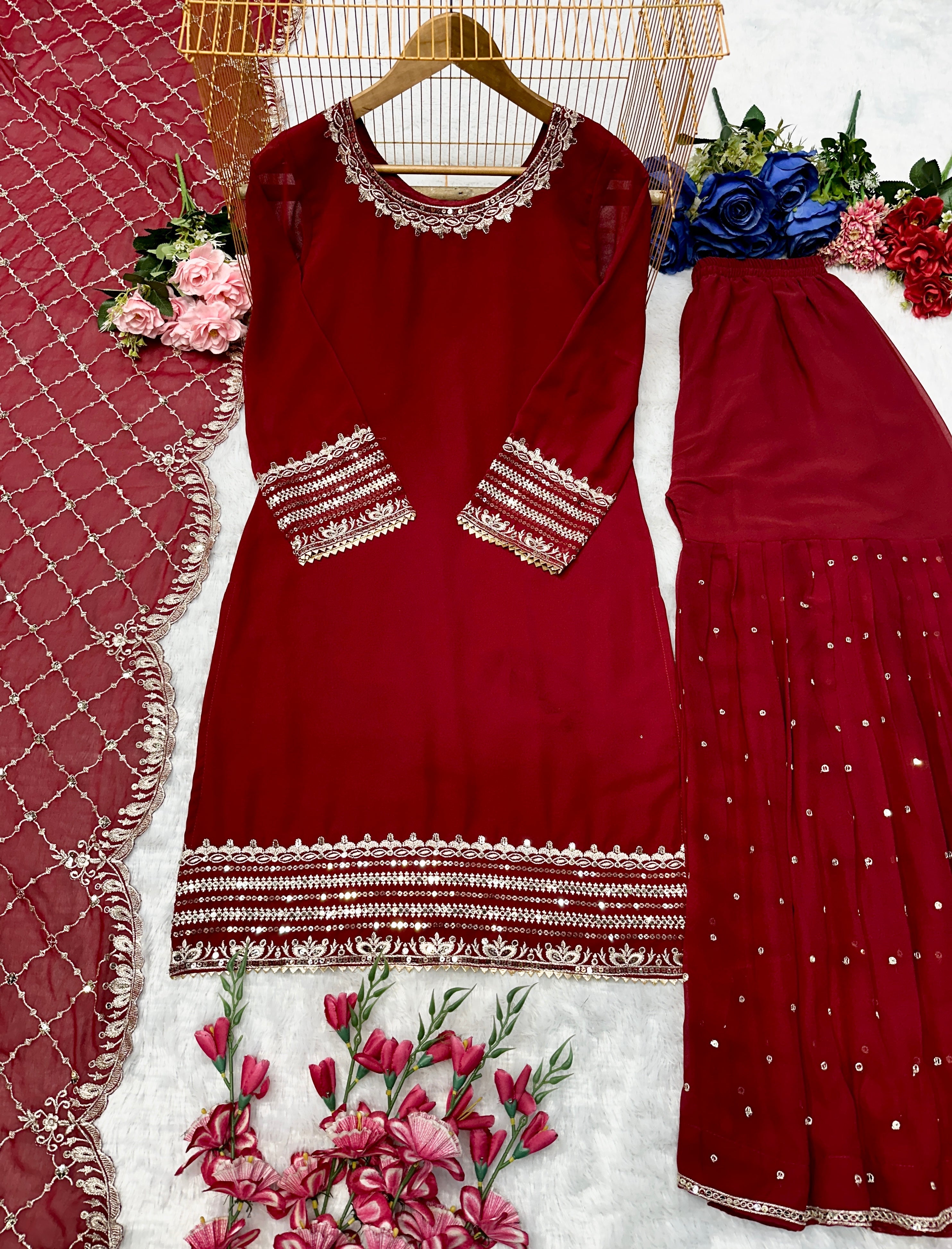 Beautiful Party Wear Top And Sharara With Dupatta With Embroidery Work