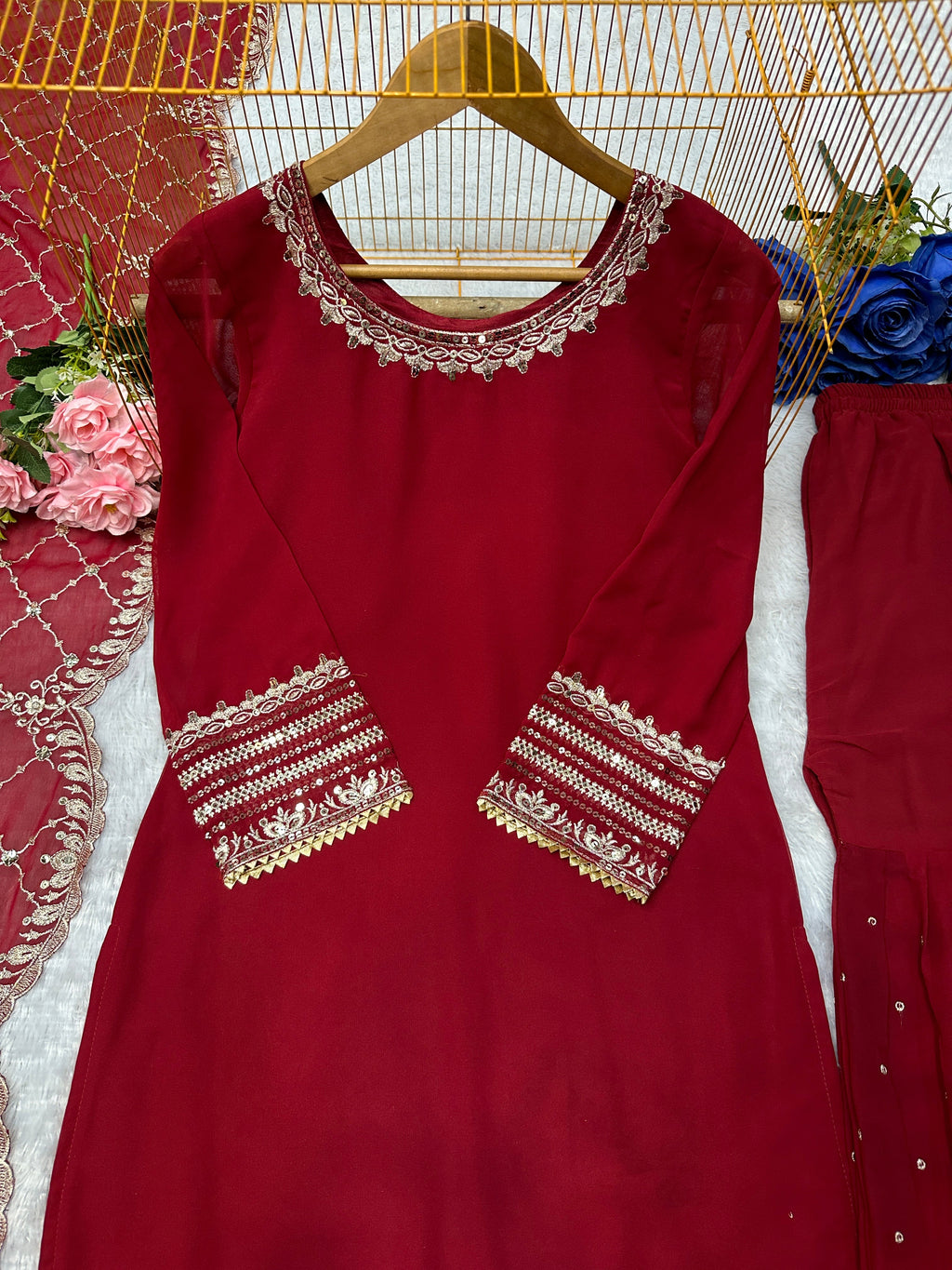 Beautiful Party Wear Top And Sharara With Dupatta With Embroidery Work
