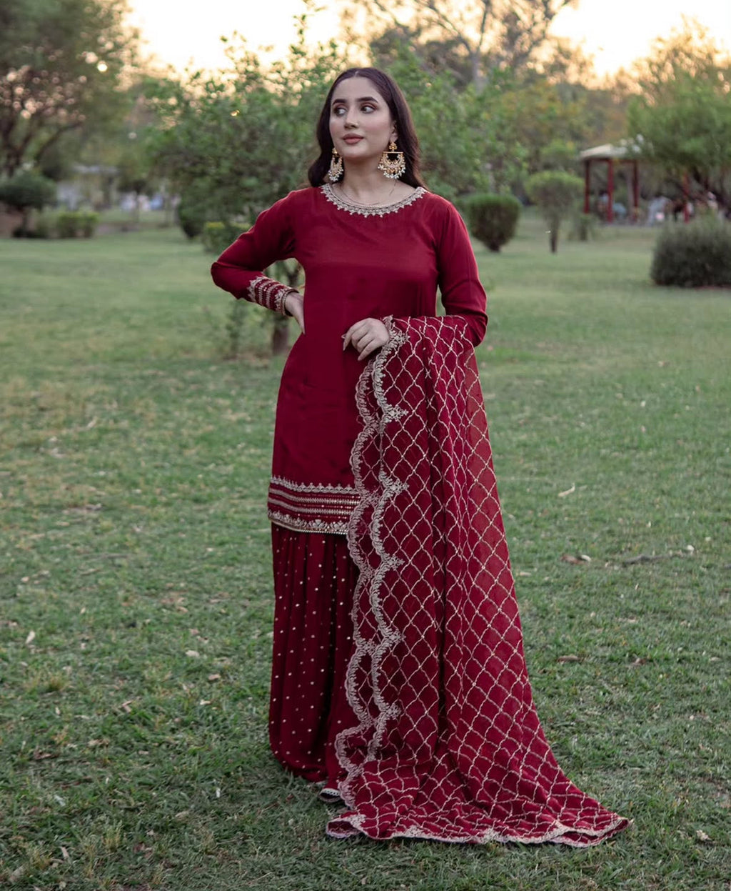 Beautiful Party Wear Top And Sharara With Dupatta With Embroidery Work