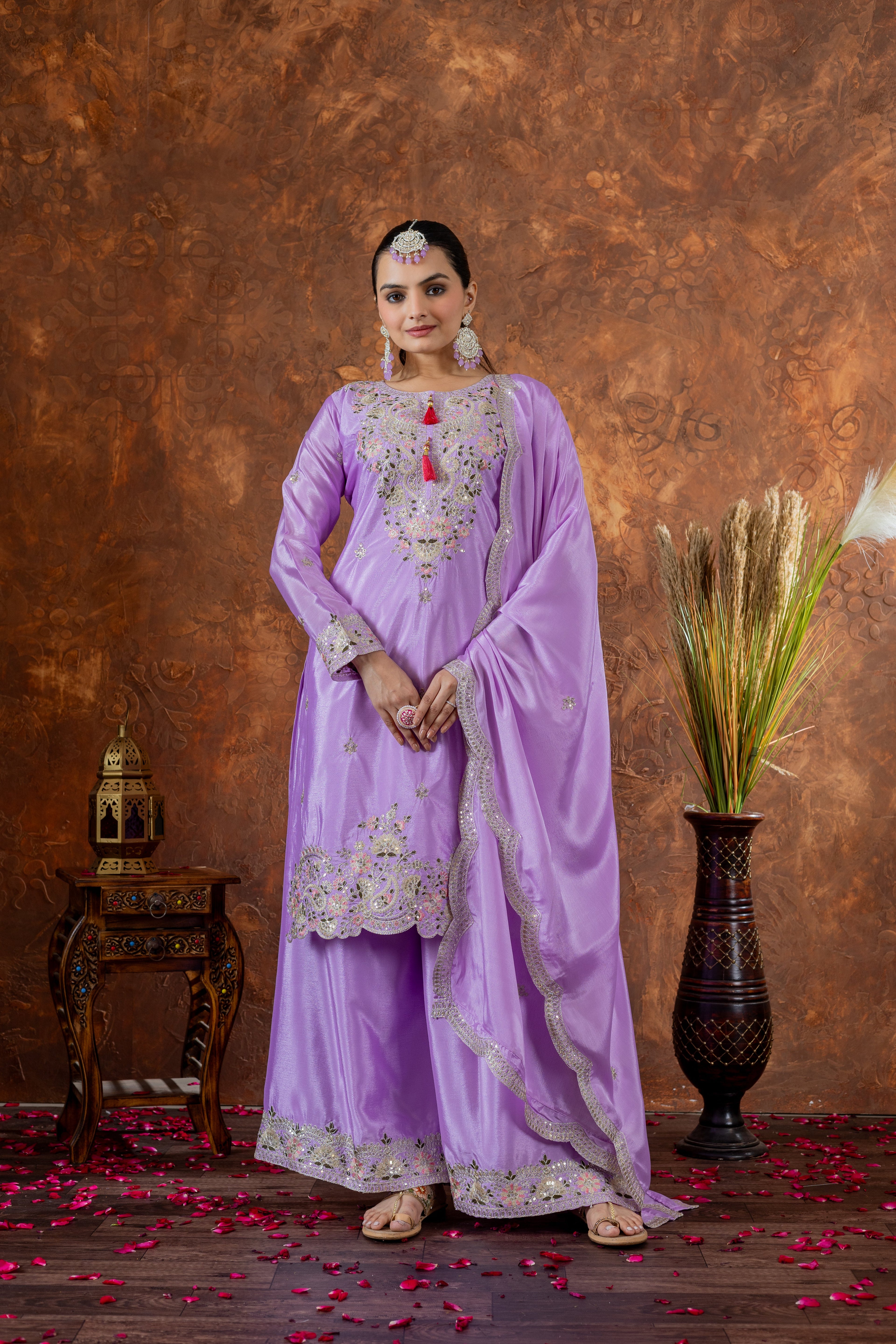 Designer Party Wear Look Pure Chinon Silk Top Plazzo & Dupatta Set