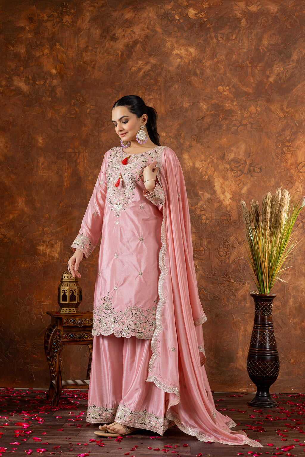 Designer Party Wear Look Pure Chinon Silk Top Plazzo & Dupatta Set