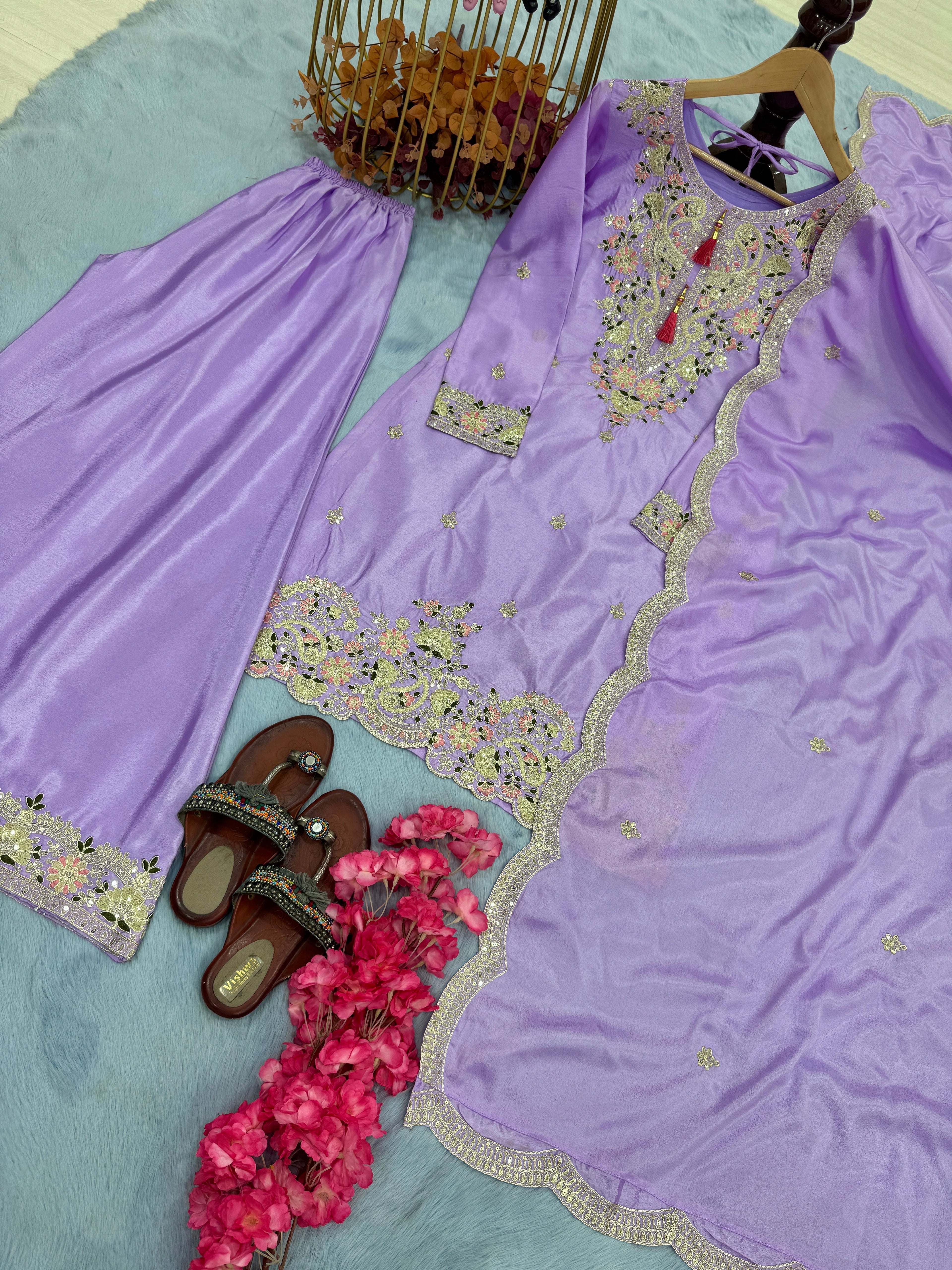 Designer Party Wear Look Pure Chinon Silk Top Plazzo & Dupatta Set