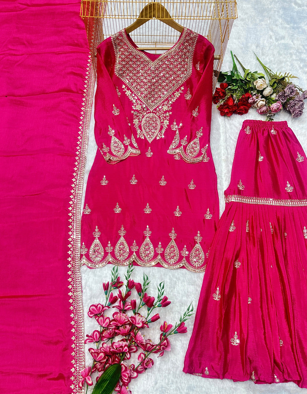 डिज़ाइनर पार्टी वियर लुक टॉप और प्लाज़ो फैंसी दुपट्टे के साथ