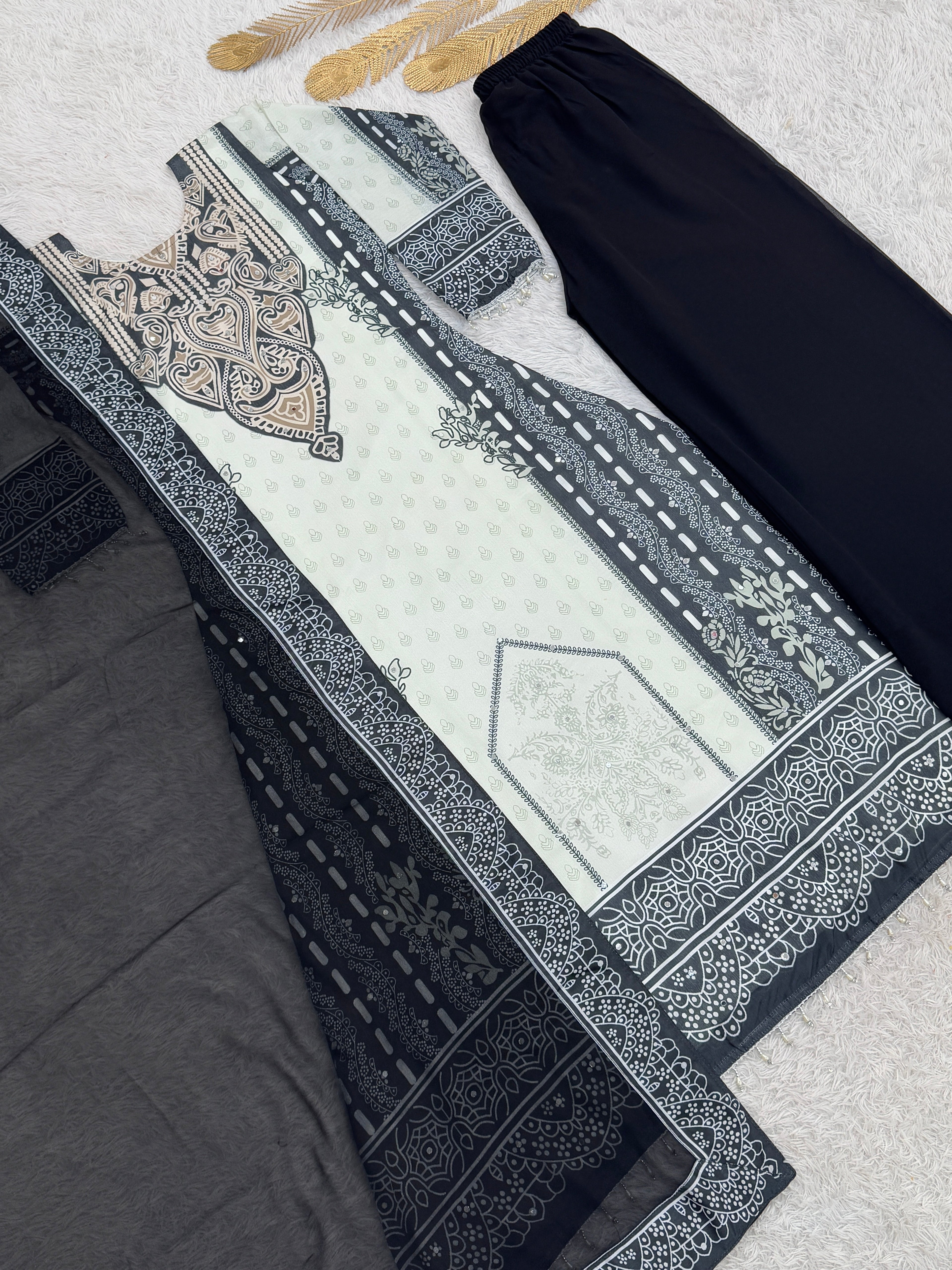 Beautiful Suit Set With Digital Print With Real Mirror Hand Work