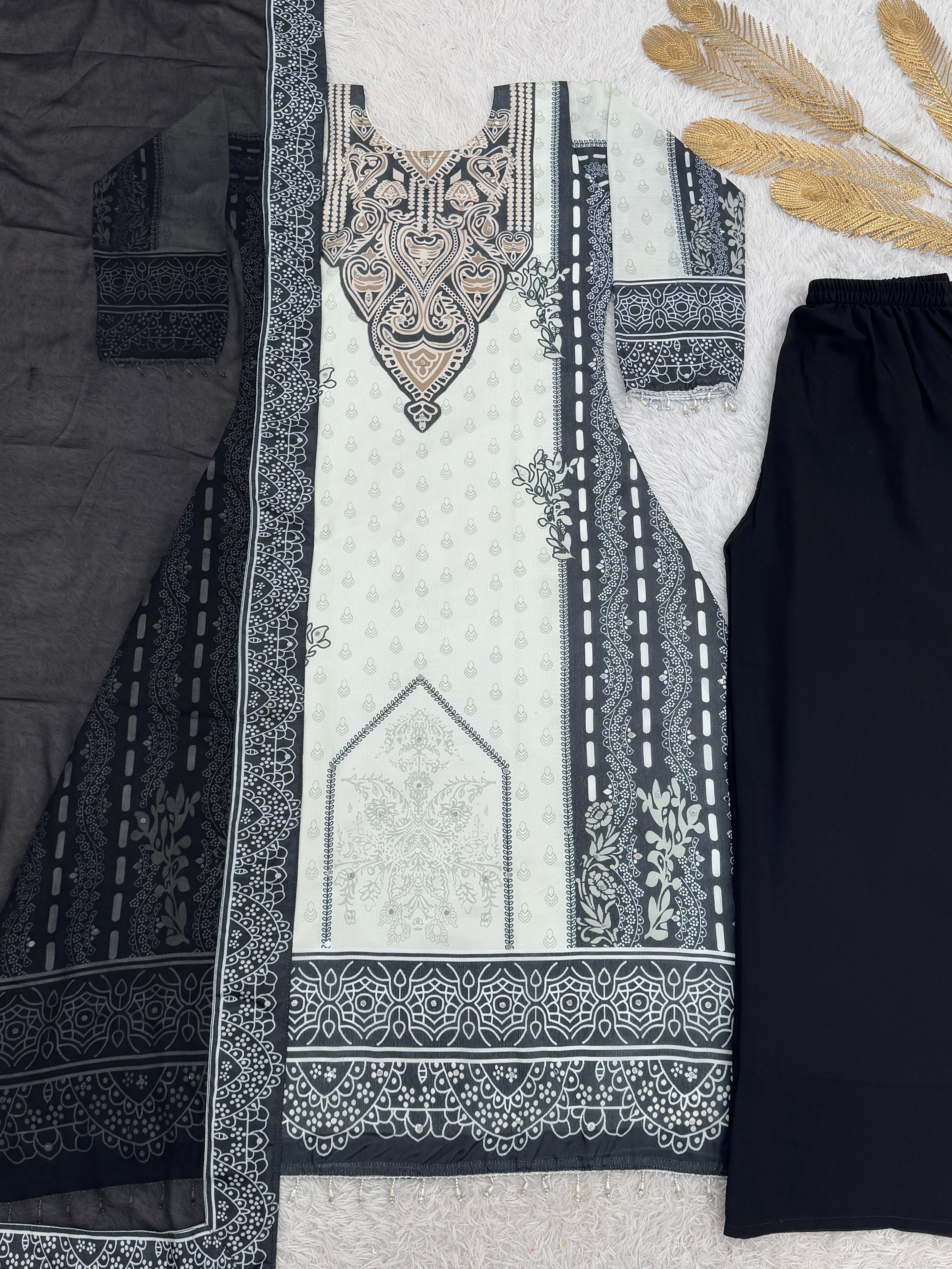 Beautiful Suit Set With Digital Print With Real Mirror Hand Work