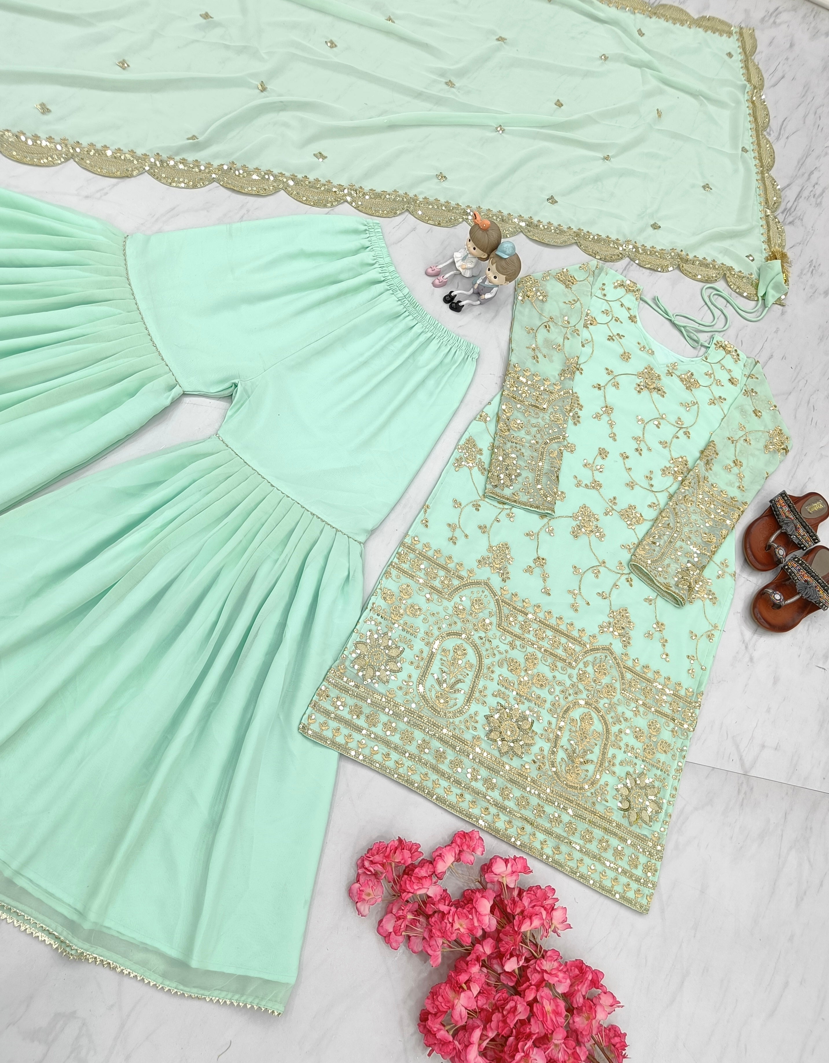 Designer Party Wear Look Top Plazzo & Dupatta Set
