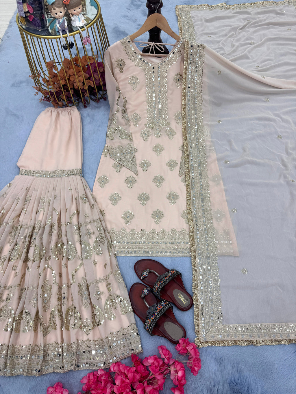 Designer Party Wear Look Pure Heavy Faux Georgette Top Plazzo & Dupatta Set
