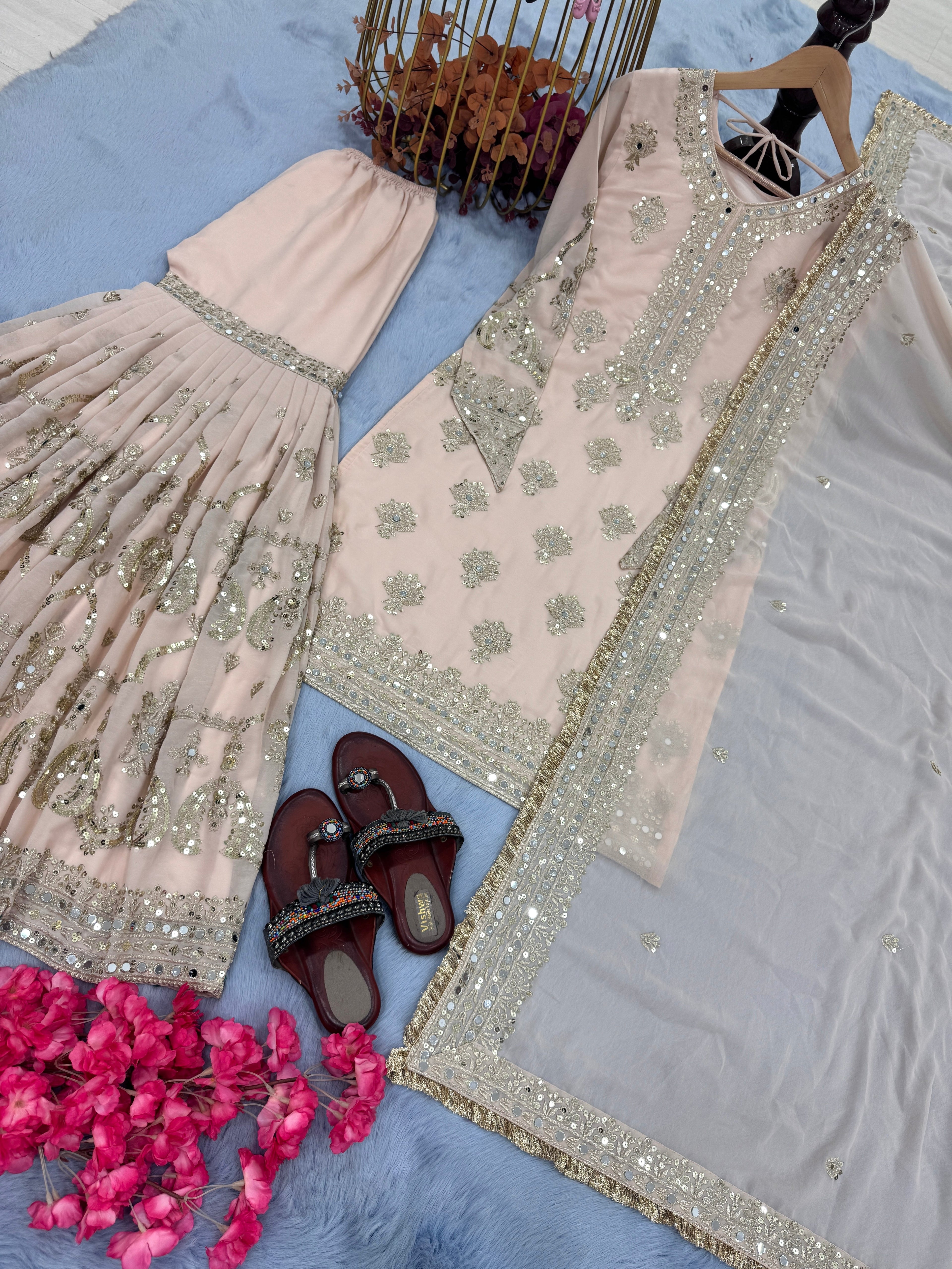 Designer Party Wear Look Pure Heavy Faux Georgette Top Plazzo & Dupatta Set