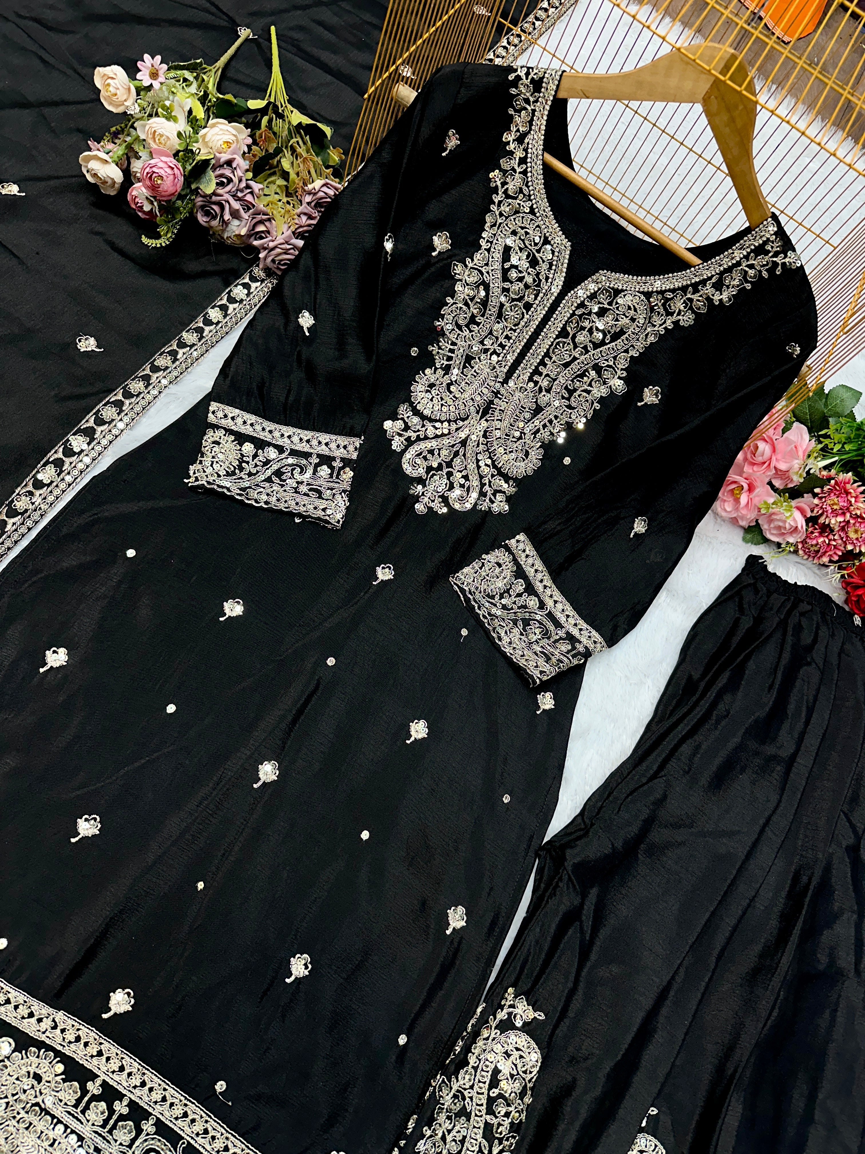 Party Wear Top Sarara And Dupatta With Embroidery Work