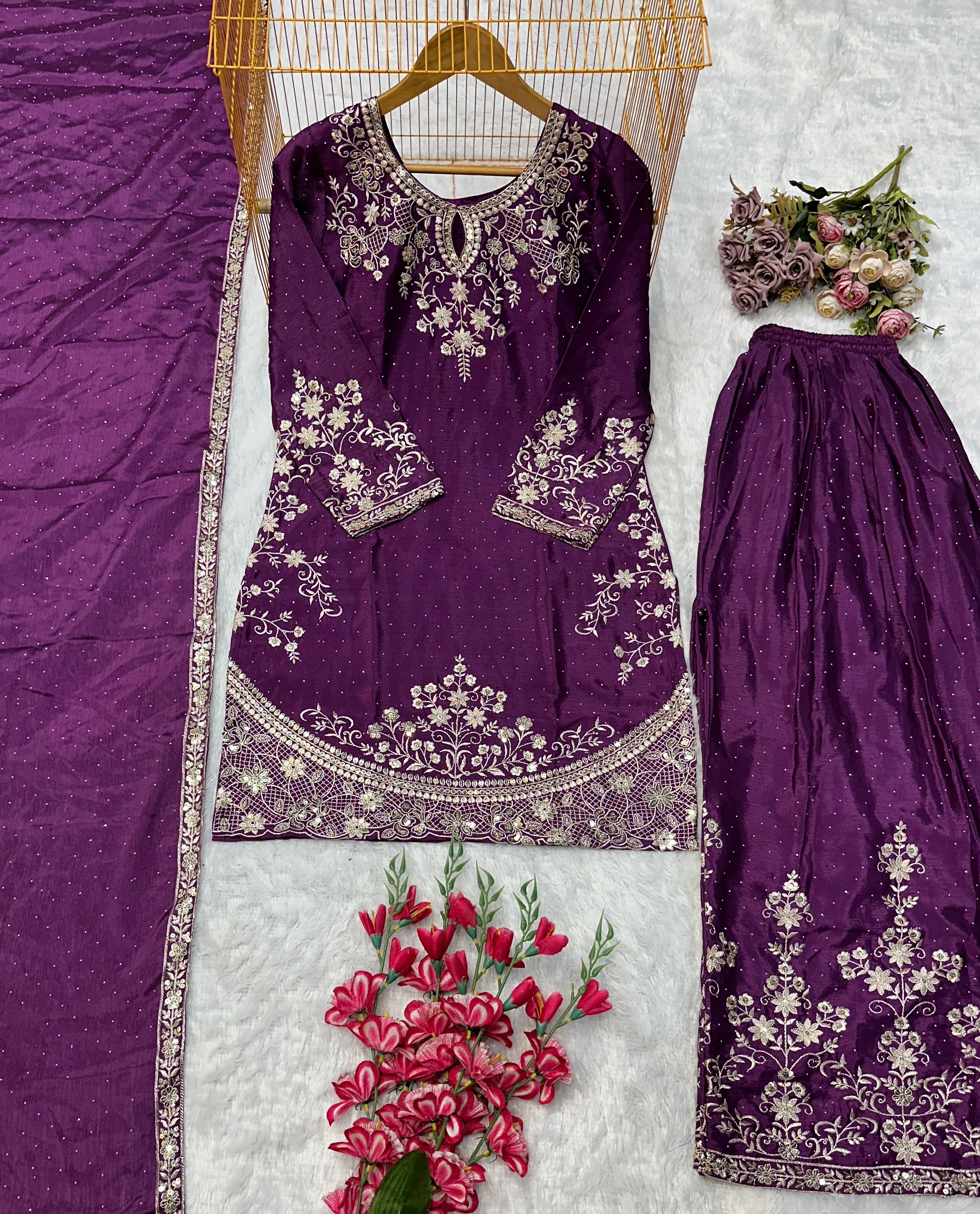 डिज़ाइनर पार्टी वियर लुक टॉप बॉटम और प्लाज़ा