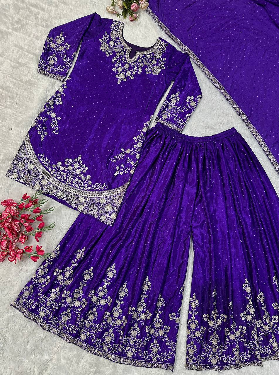 डिज़ाइनर पार्टी वियर लुक टॉप बॉटम और प्लाज़ा