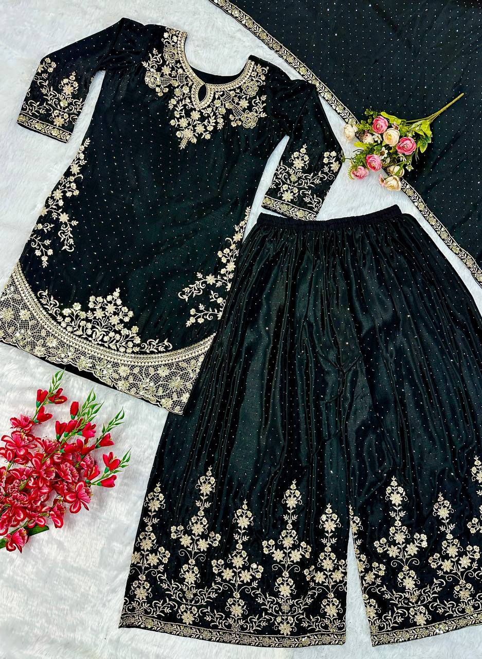 डिज़ाइनर पार्टी वियर लुक टॉप बॉटम और प्लाज़ा