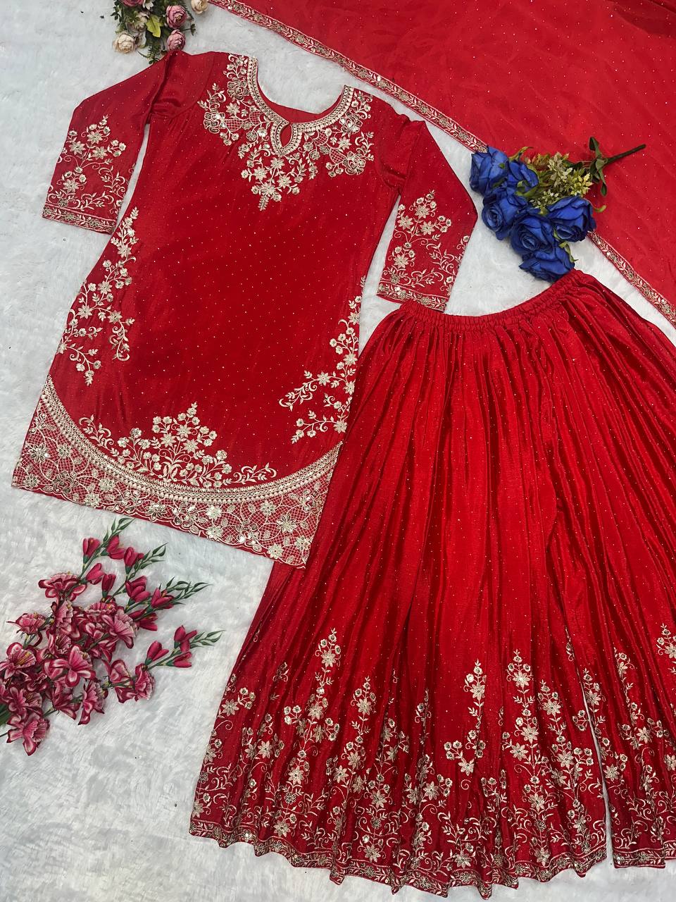 डिज़ाइनर पार्टी वियर लुक टॉप बॉटम और प्लाज़ा