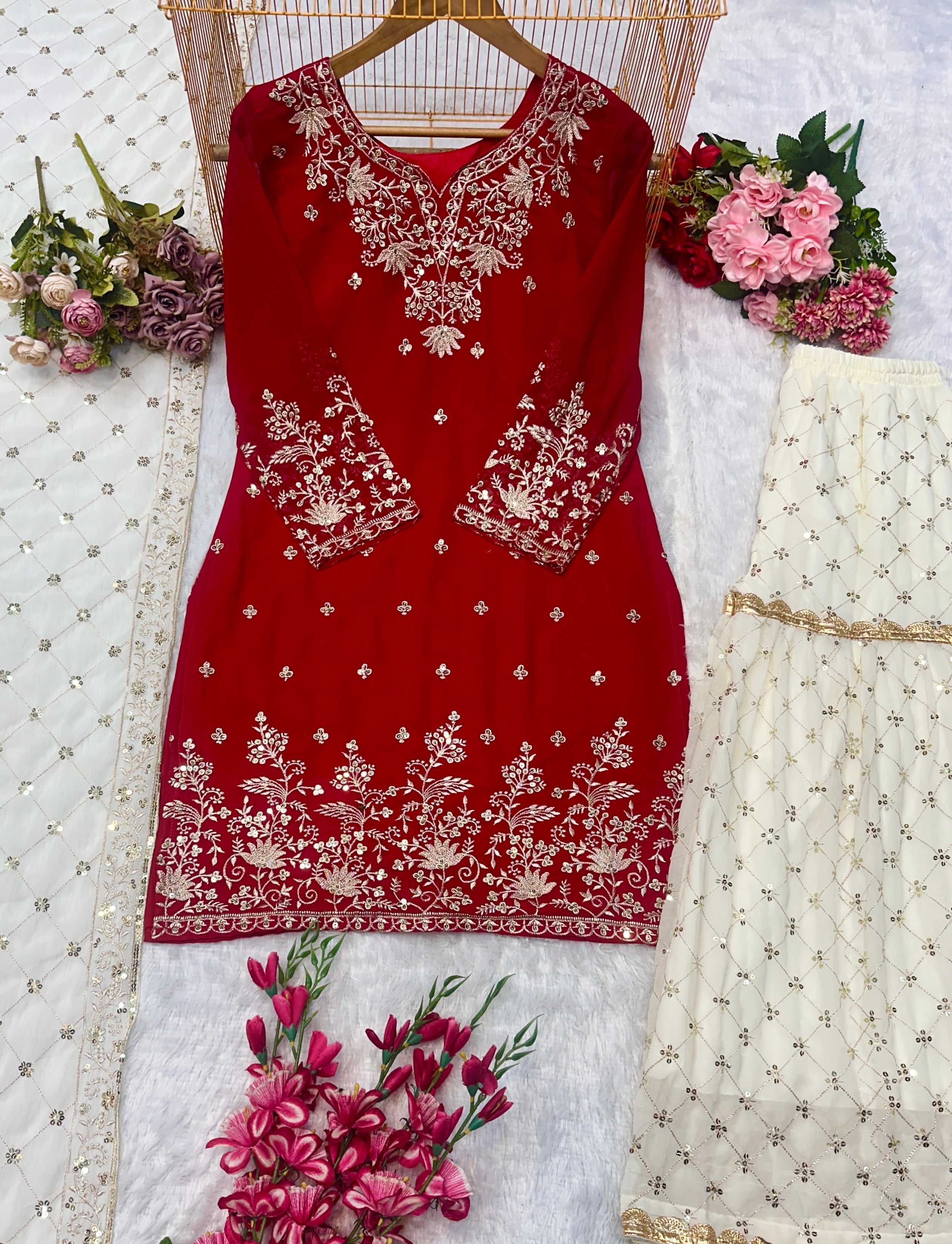 भारी कढ़ाई के काम के साथ डिज़ाइनर पार्टी वियर सूट सेट