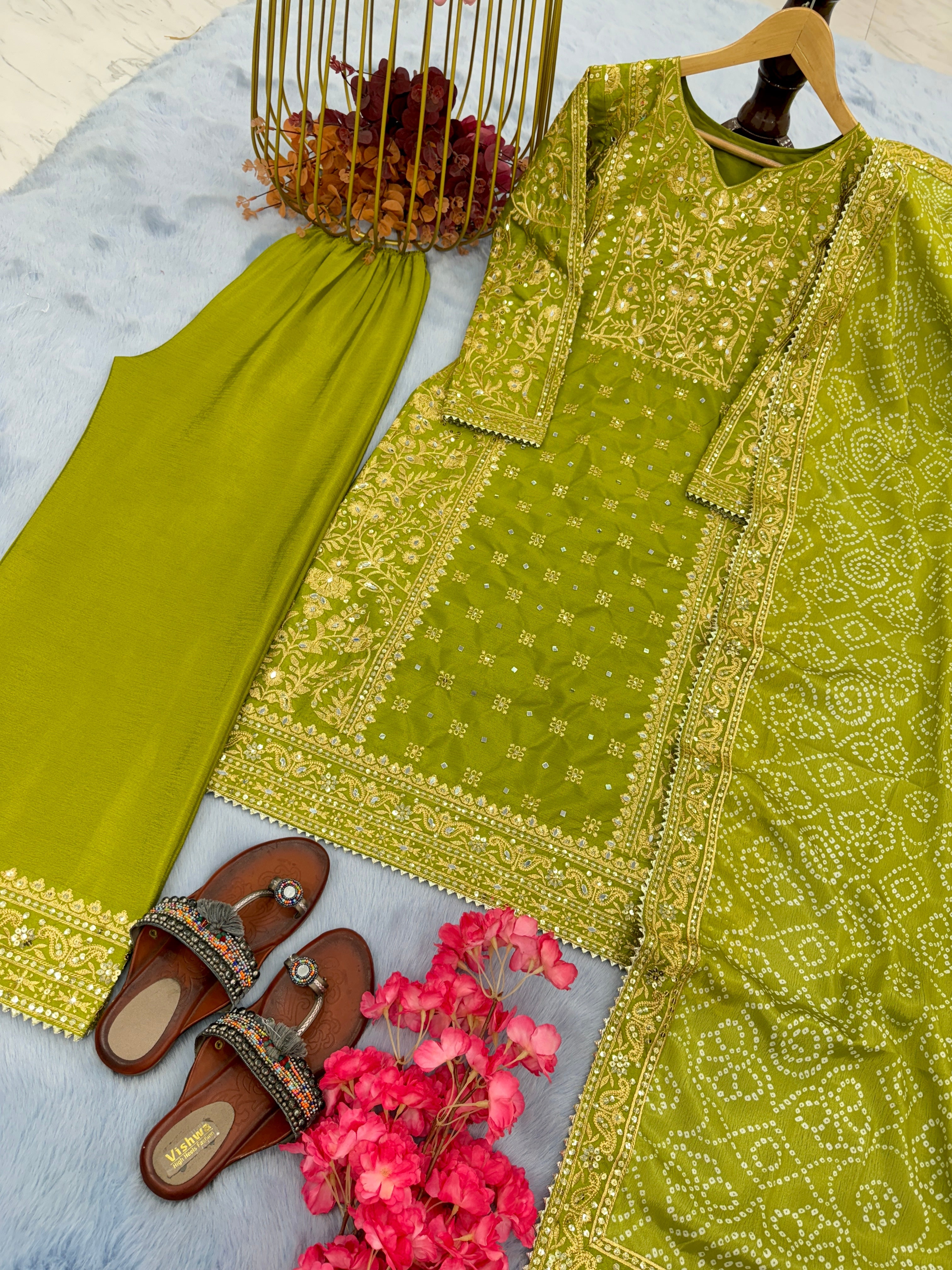 Designer Trending Silk Top Plazzo & Printed Dupatta