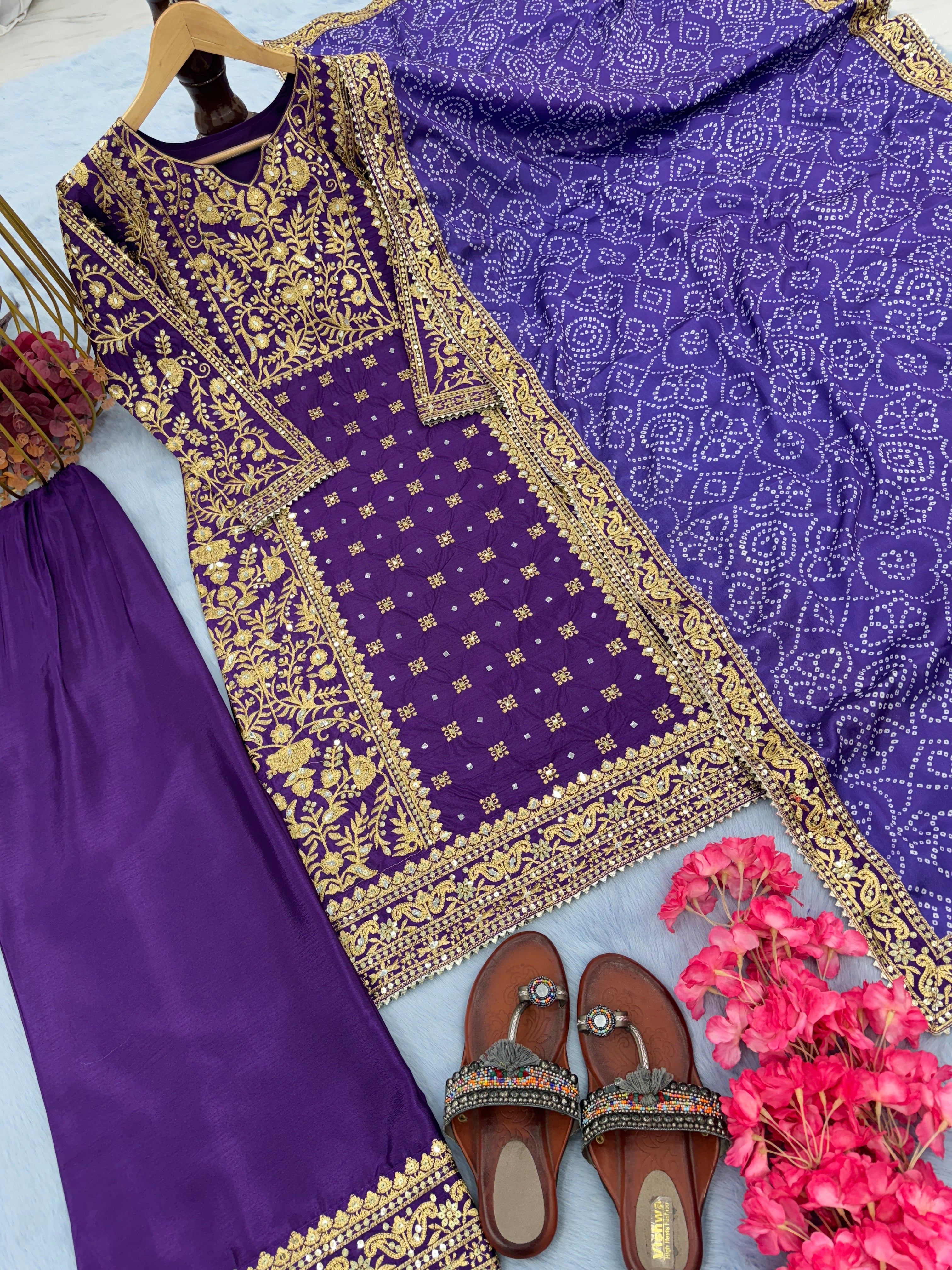 Designer Trending Silk Top Plazzo & Printed Dupatta