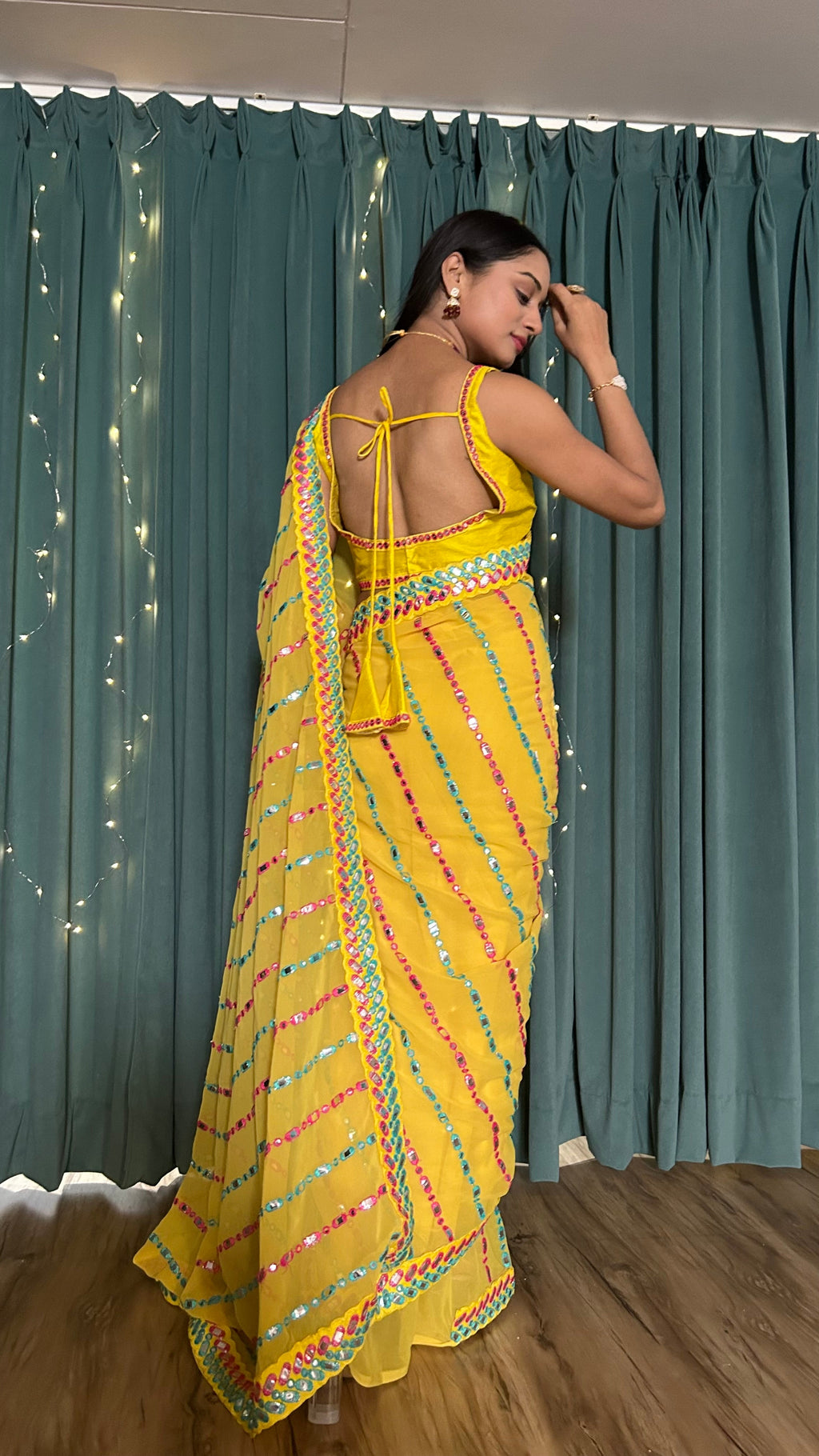 Party Wear Beautiful Saree With Thread & Paper Mirror Work