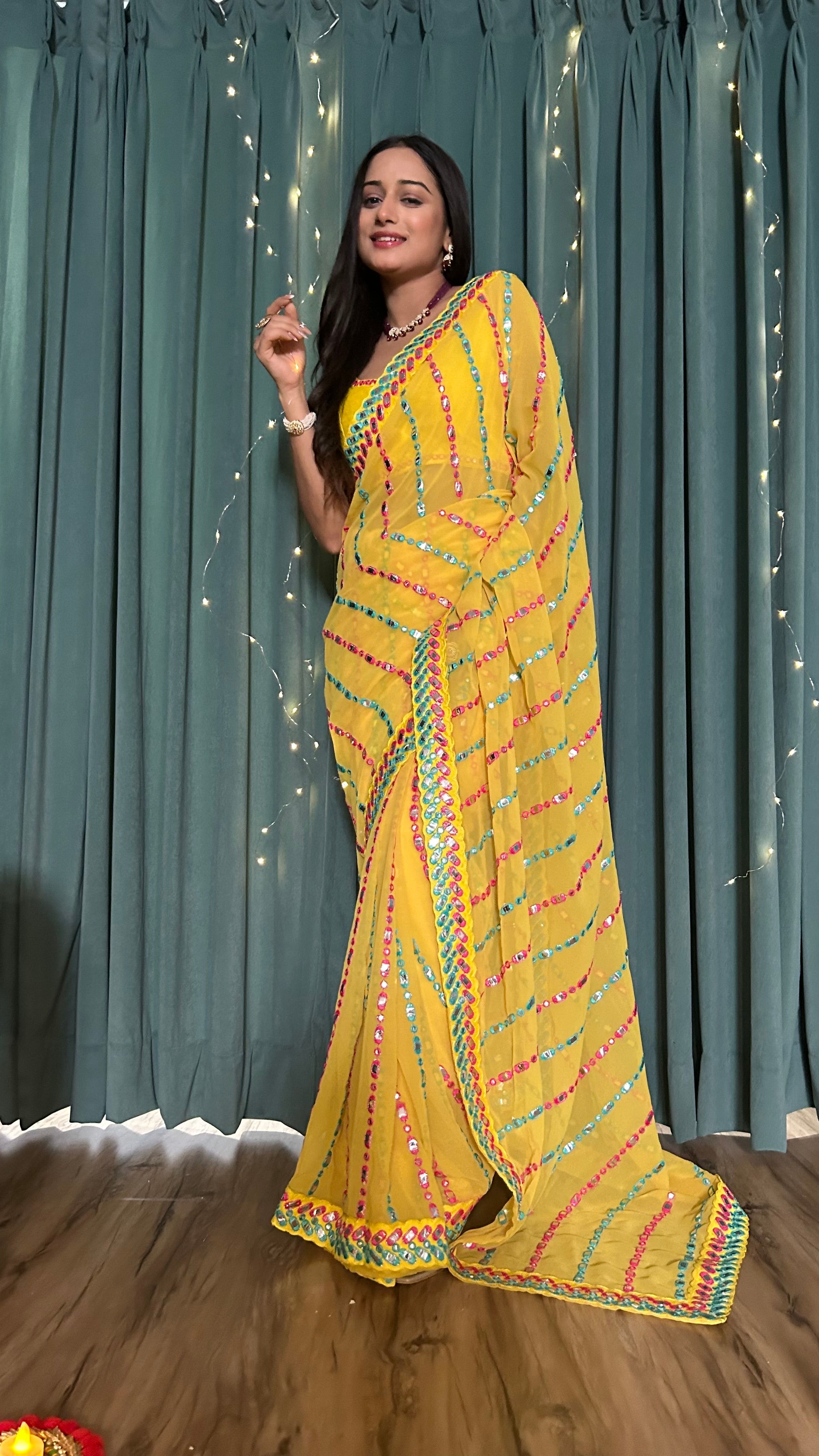 Party Wear Beautiful Saree With Thread & Paper Mirror Work