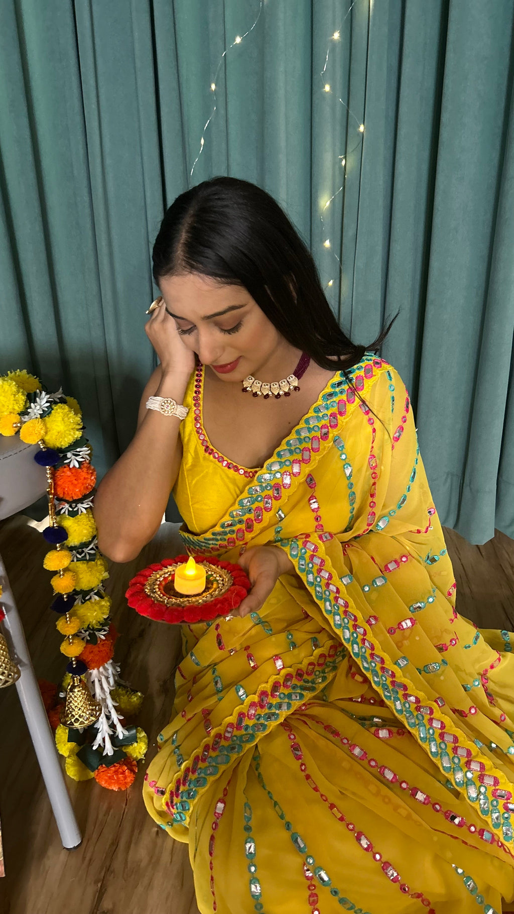 Party Wear Beautiful Saree With Thread & Paper Mirror Work