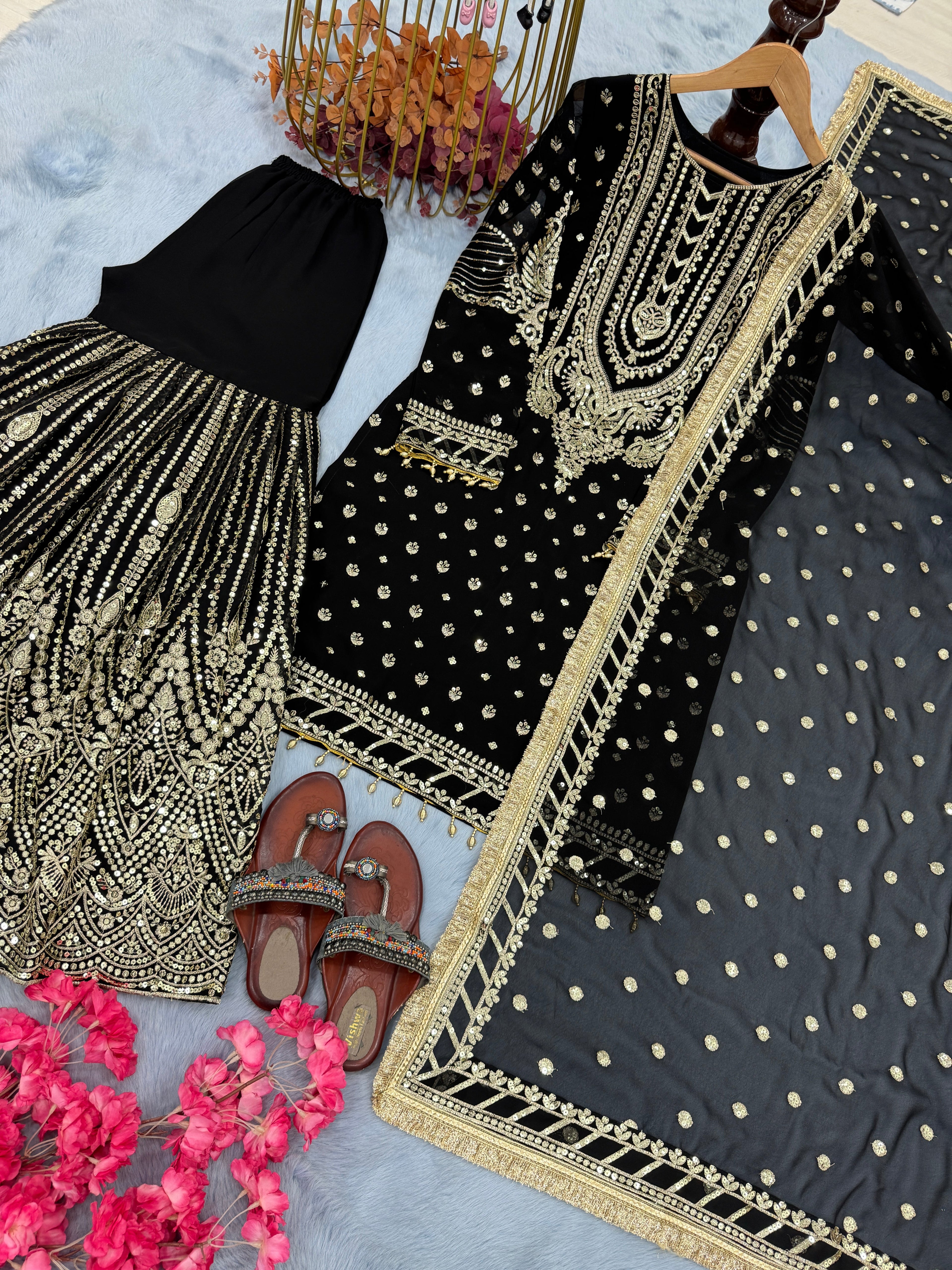 डिज़ाइनर पार्टी वियर लुक हैवी फॉक्स जॉर्जेट टॉप प्लाज़ो और दुपट्टा सेट