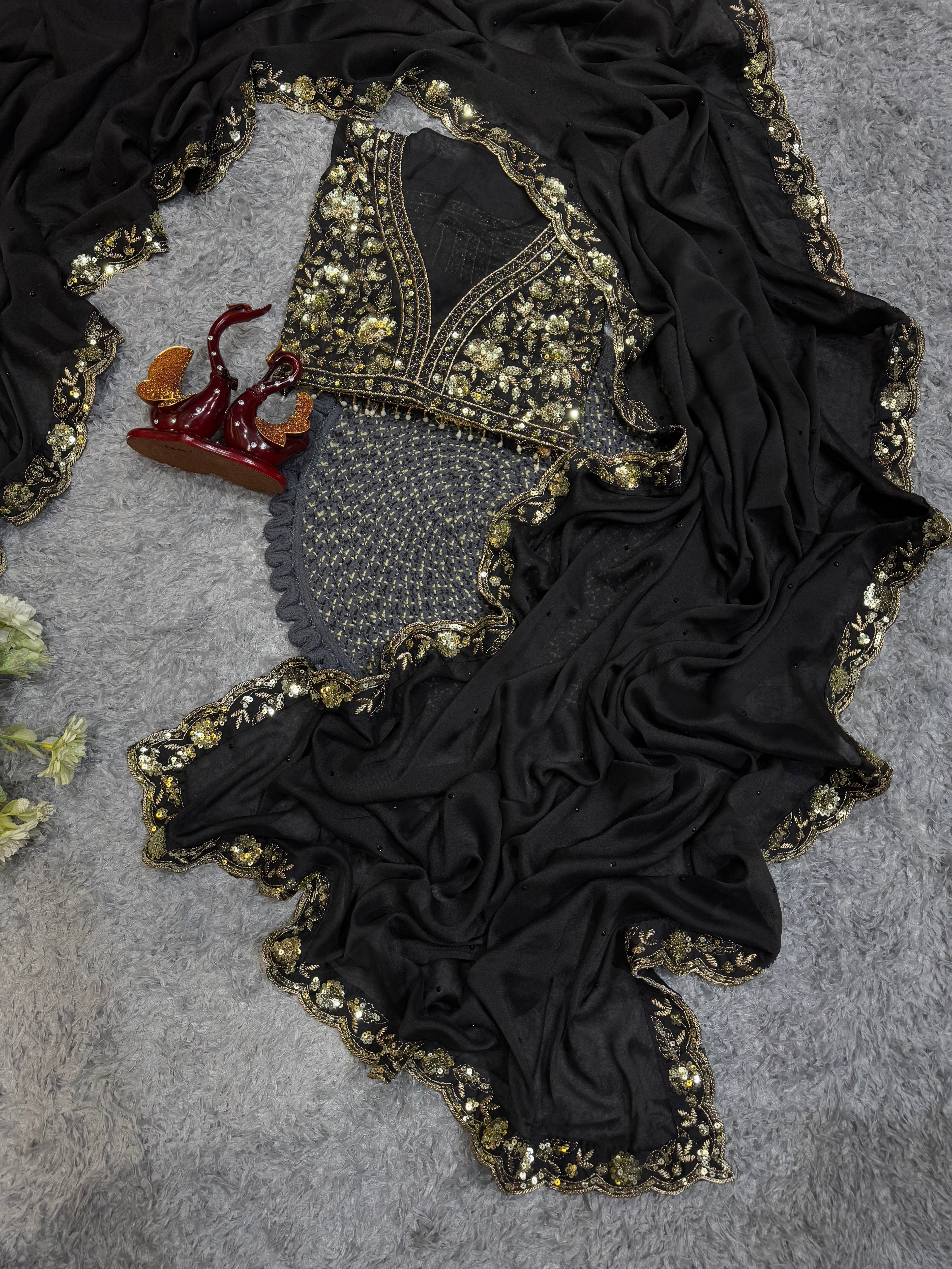Designer Saree With Beautiful Sequence Embroidery Work Lace Border
