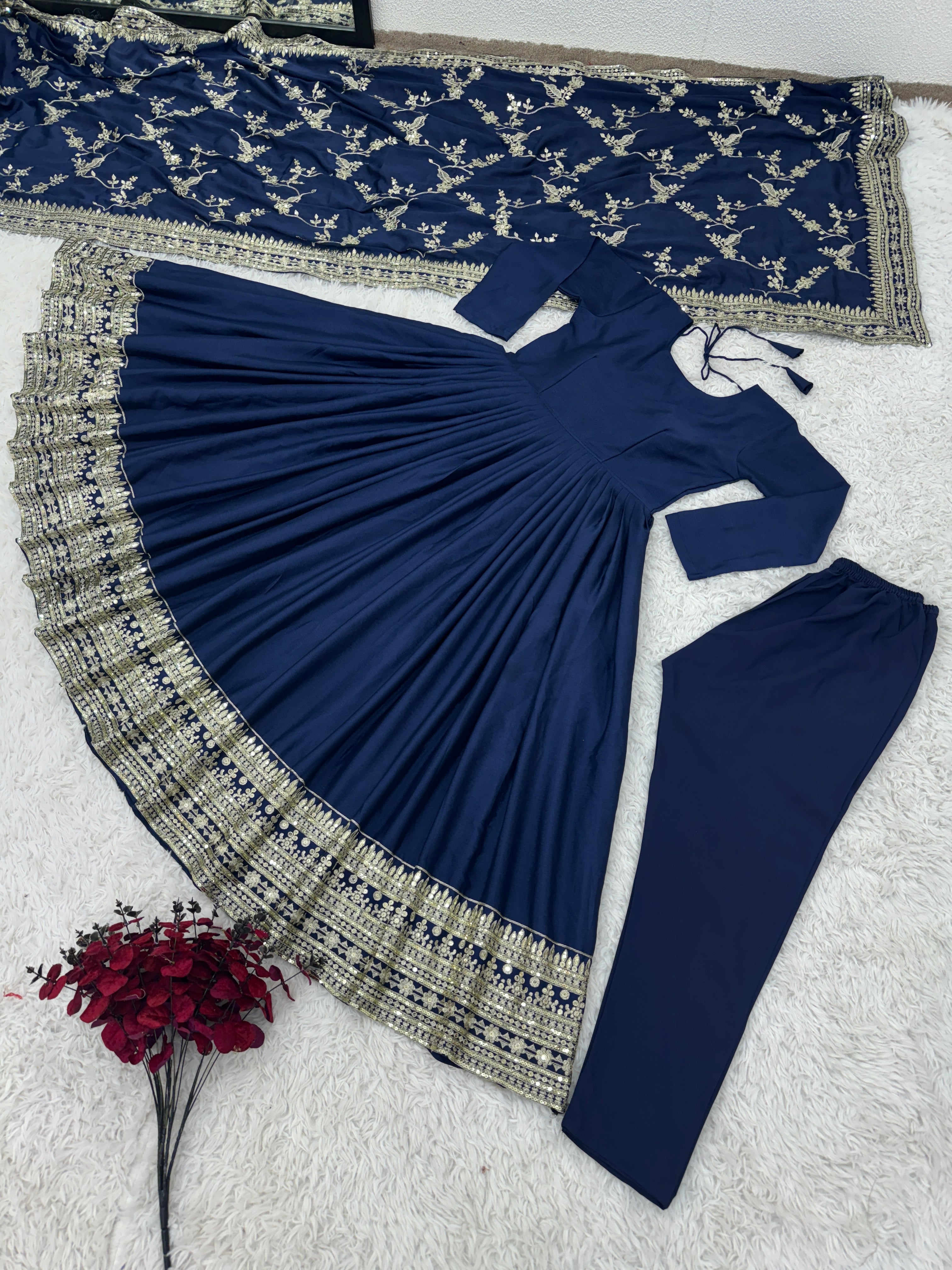 Designer Party Wear Look Full Heavy Embroidery Sequence Work Gown With Pent And Dupatta