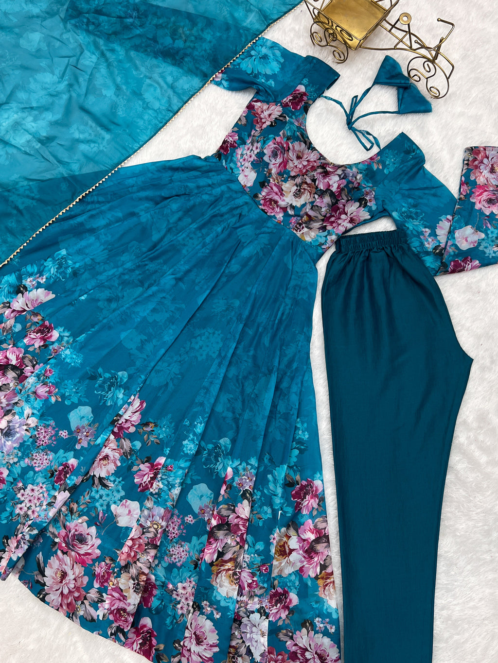 Party Wear Anarkali Gown And Pent With Dupatta With Floral Print