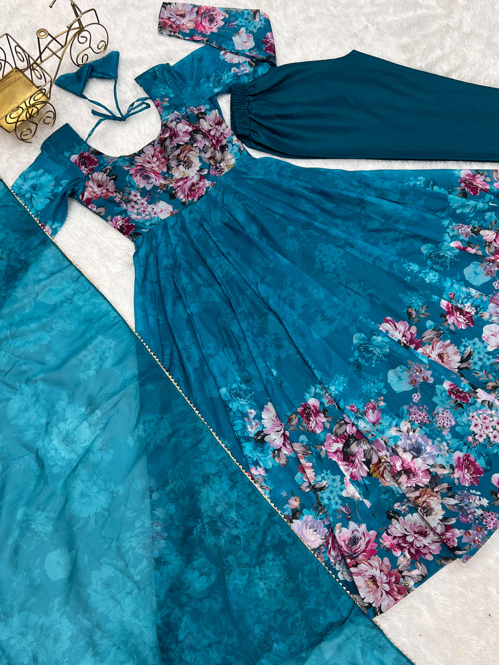 Party Wear Anarkali Gown And Pent With Dupatta With Floral Print