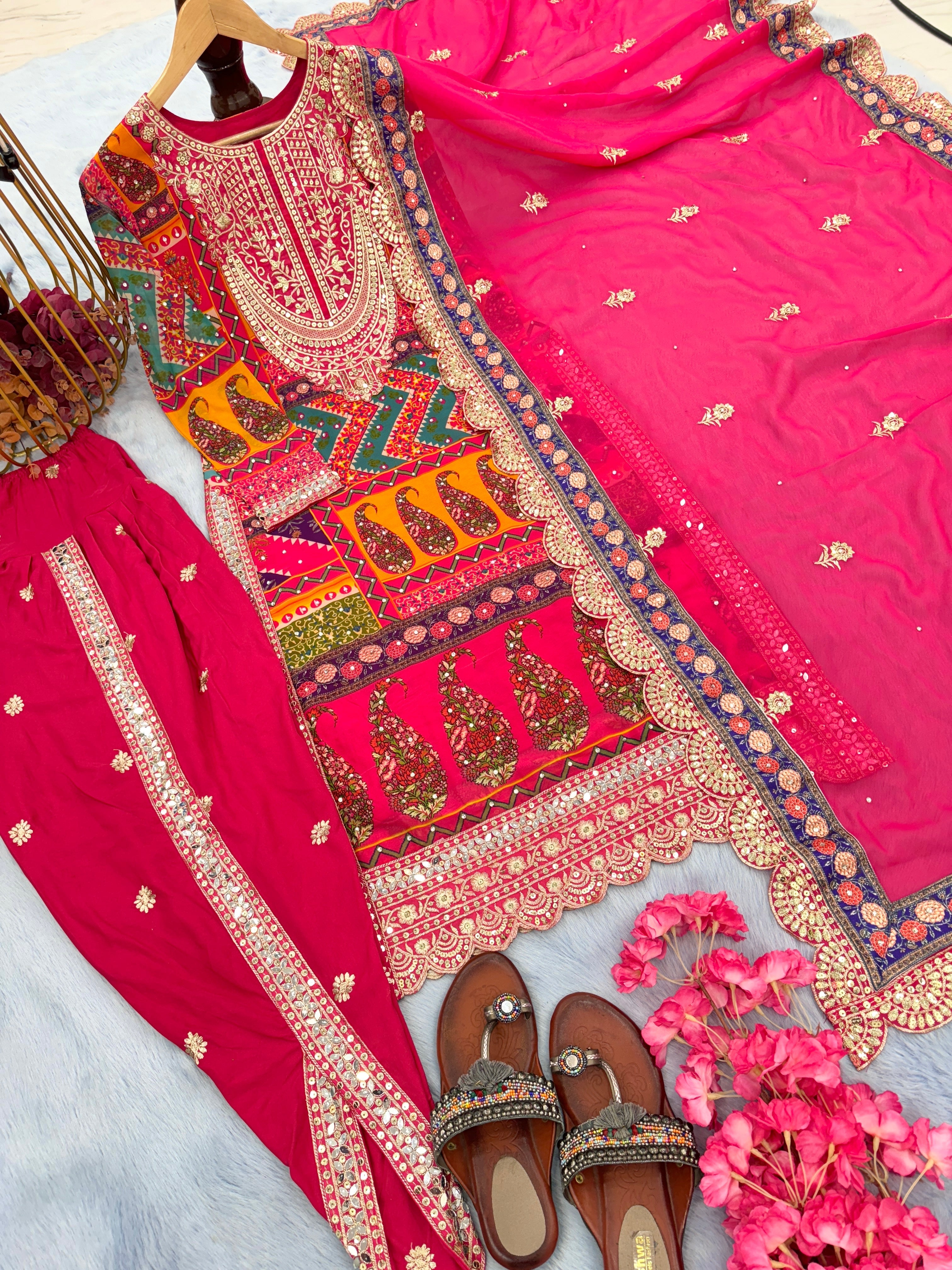 Party Wear Fancy Look Top Dupatta & Dhoti Set