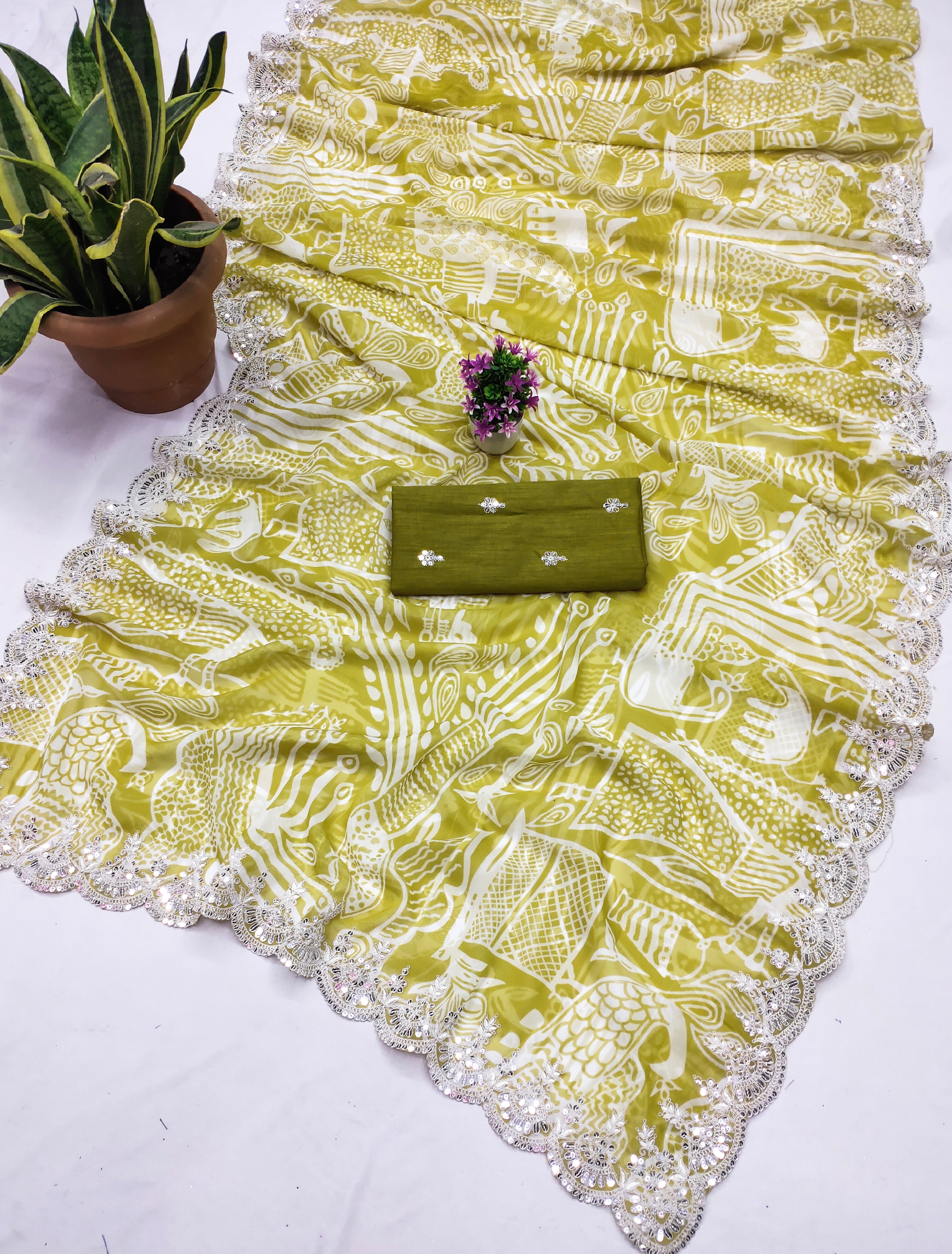 Party Wear Saree With Digital Prints & Embroidery Codding Work