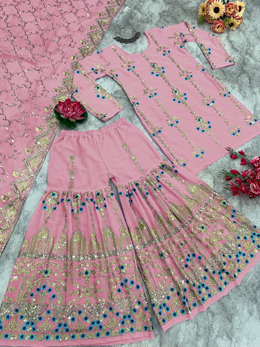 Beautiful Party Wear Top And Sharara With Fancy Dupatta