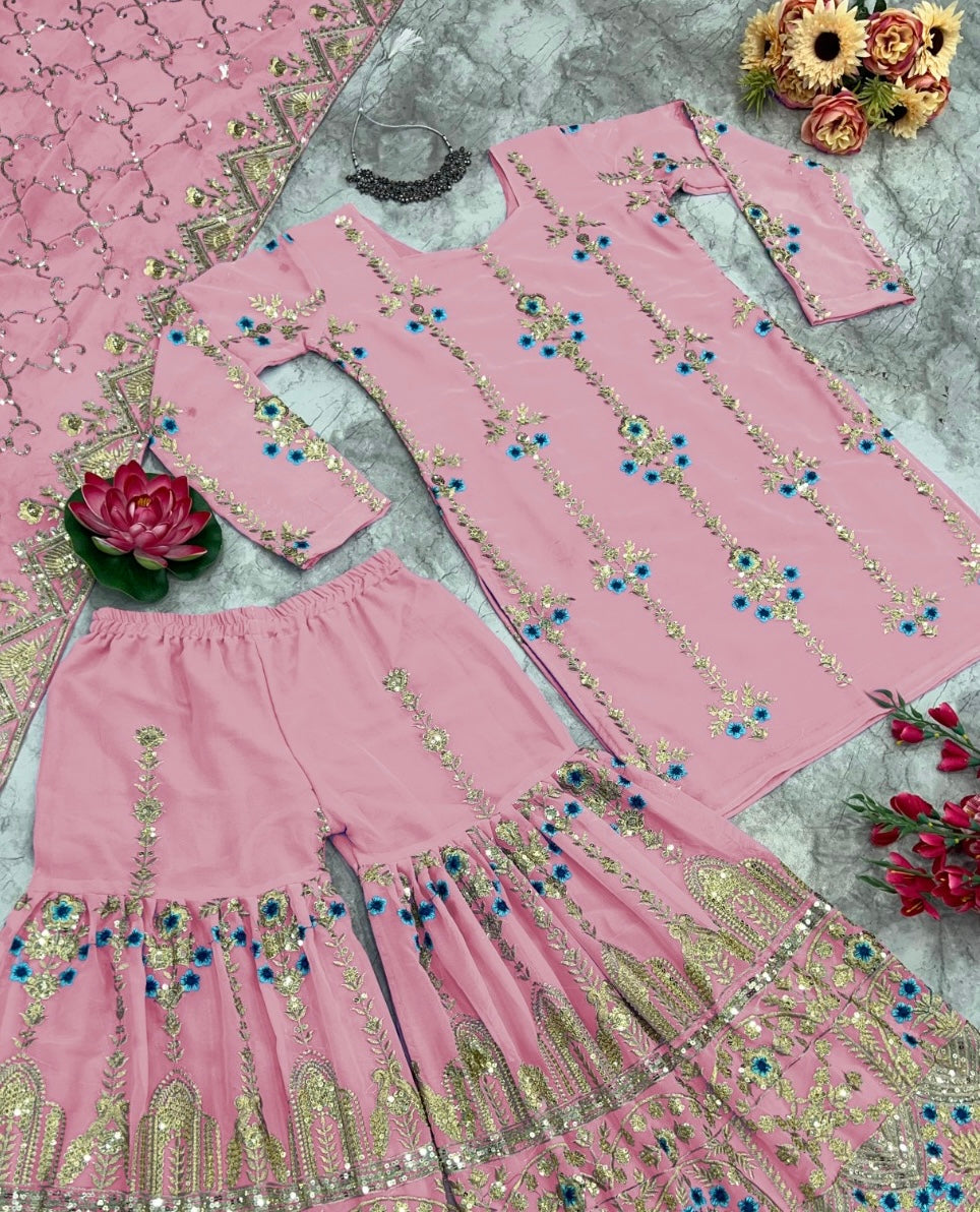 Beautiful Party Wear Top And Sharara With Fancy Dupatta