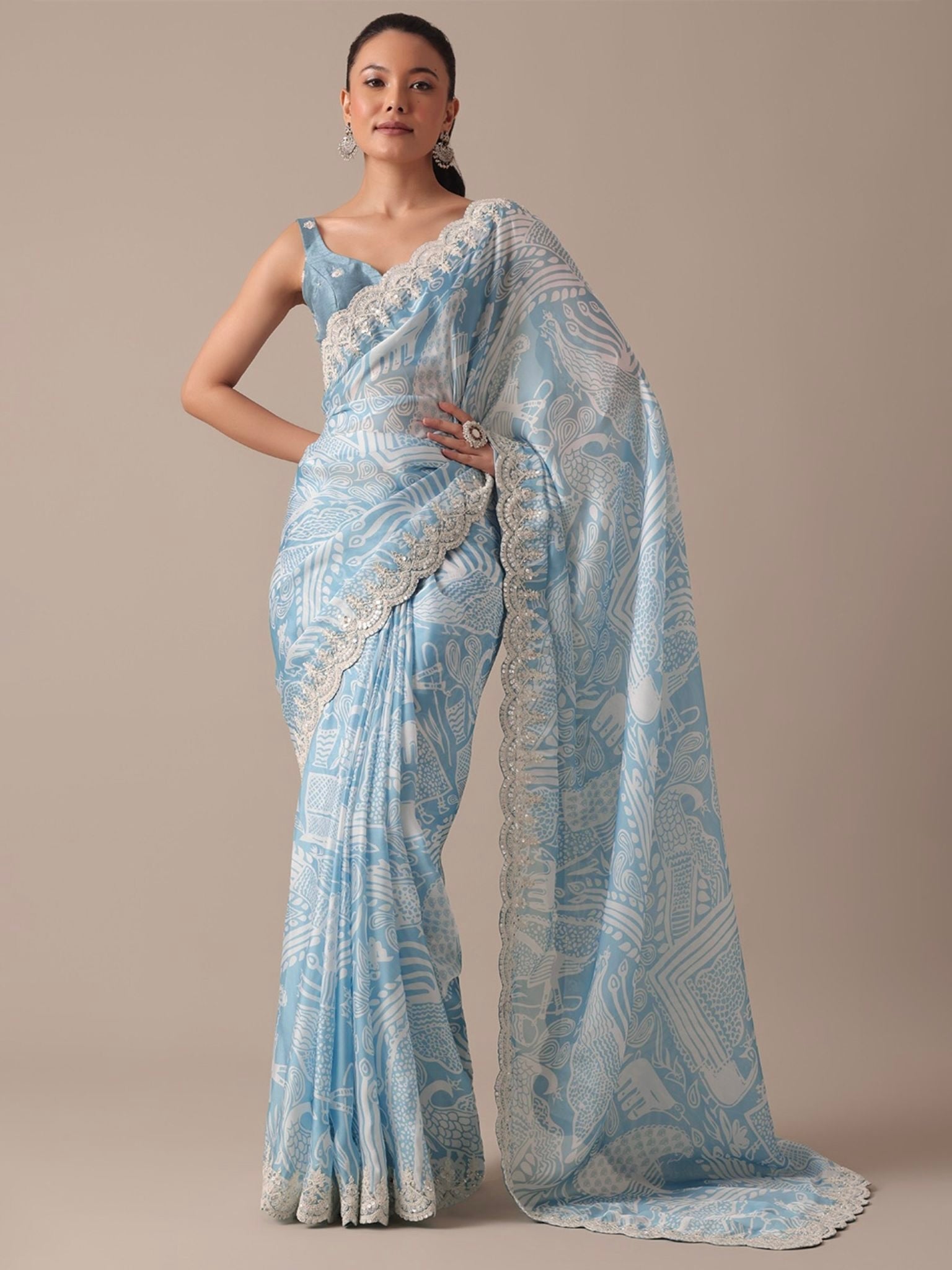 Party Wear Saree With Digital Prints & Embroidery Codding Work