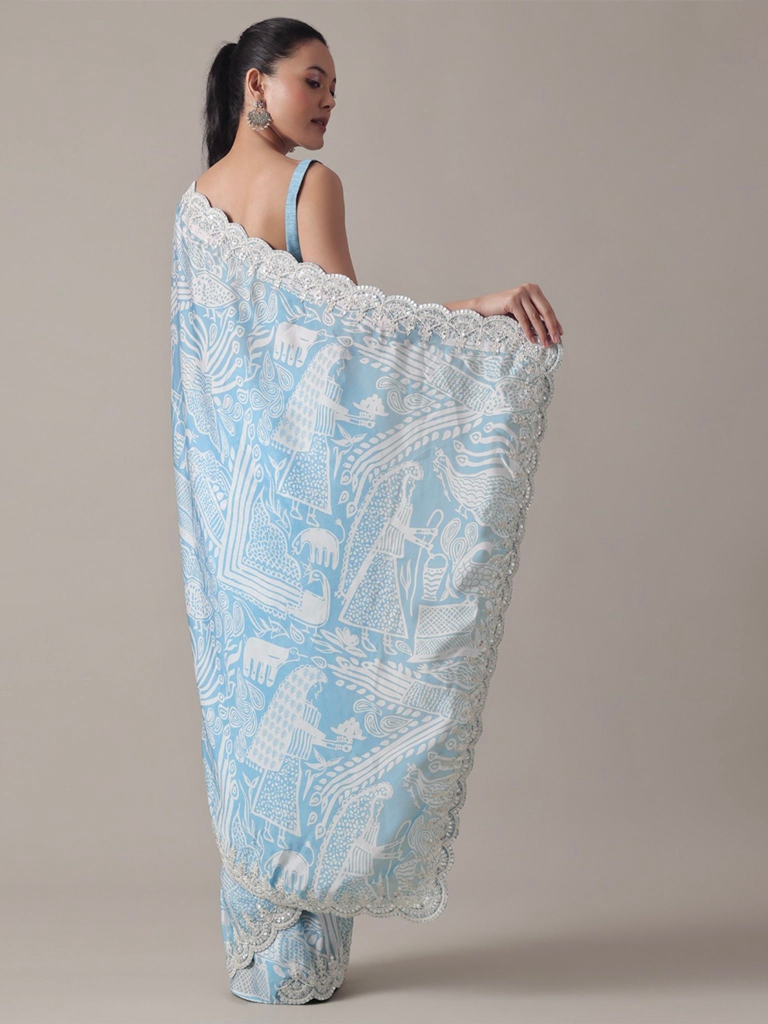 Party Wear Saree With Digital Prints & Embroidery Codding Work