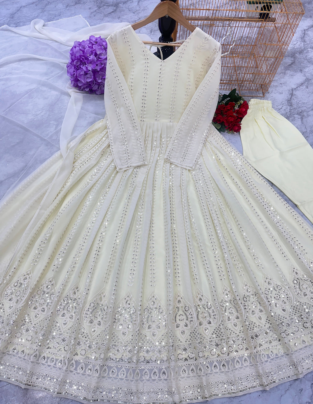Designer Party Wear Look Chikankari Gown And Pent With Dupatta