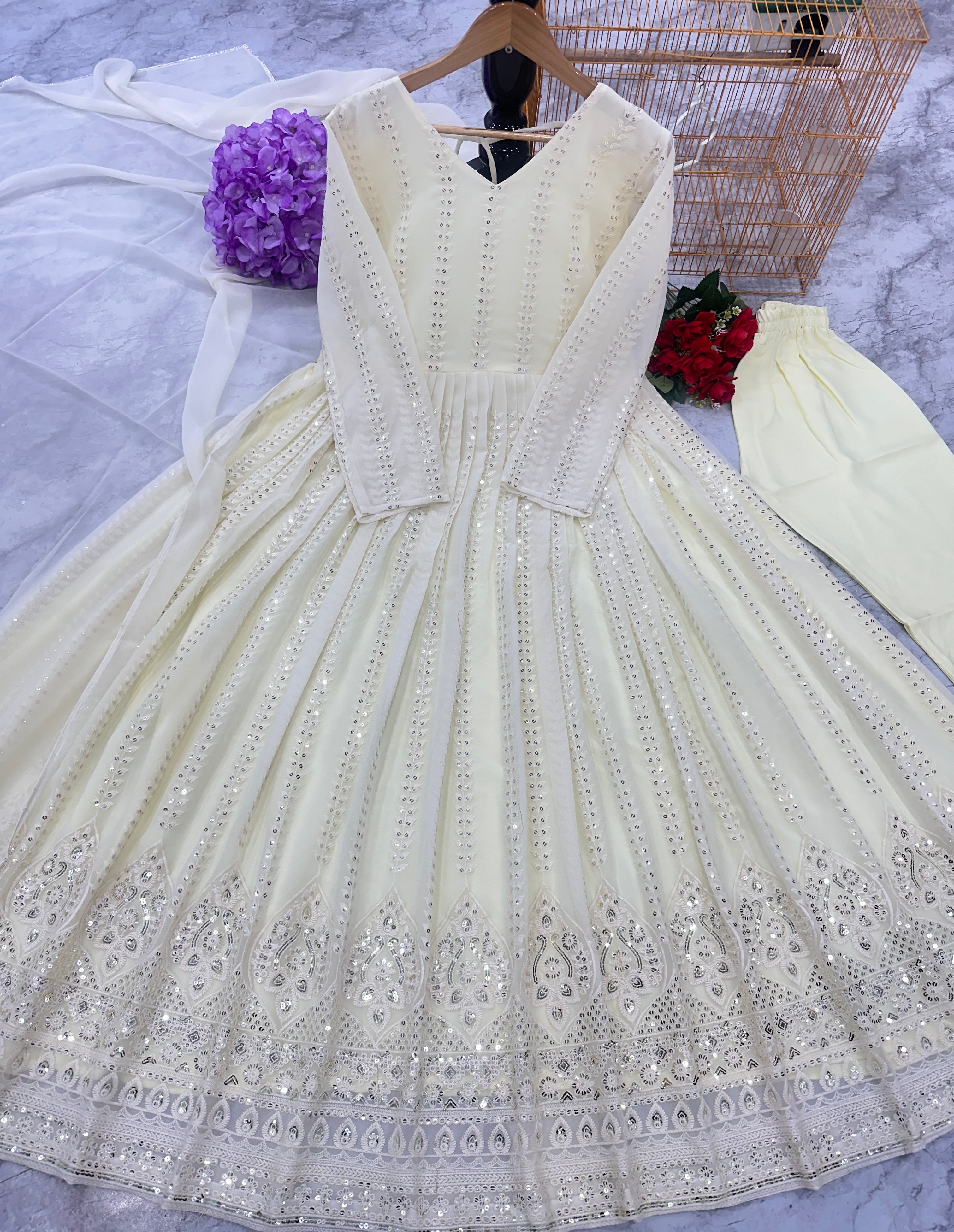Designer Party Wear Look Chikankari Gown And Pent With Dupatta