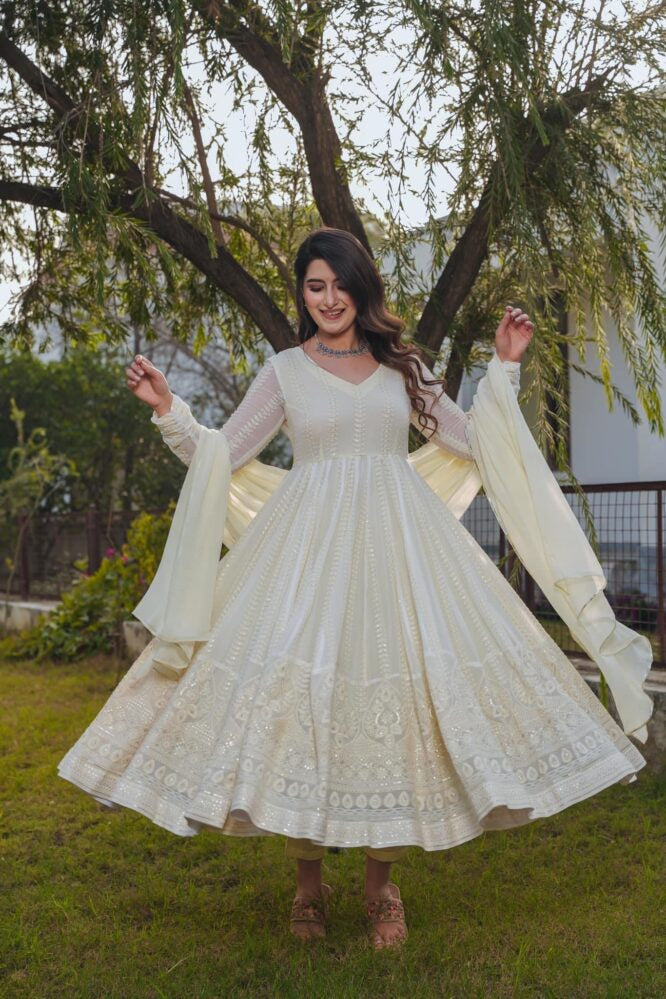 Designer Party Wear Look Chikankari Gown And Pent With Dupatta
