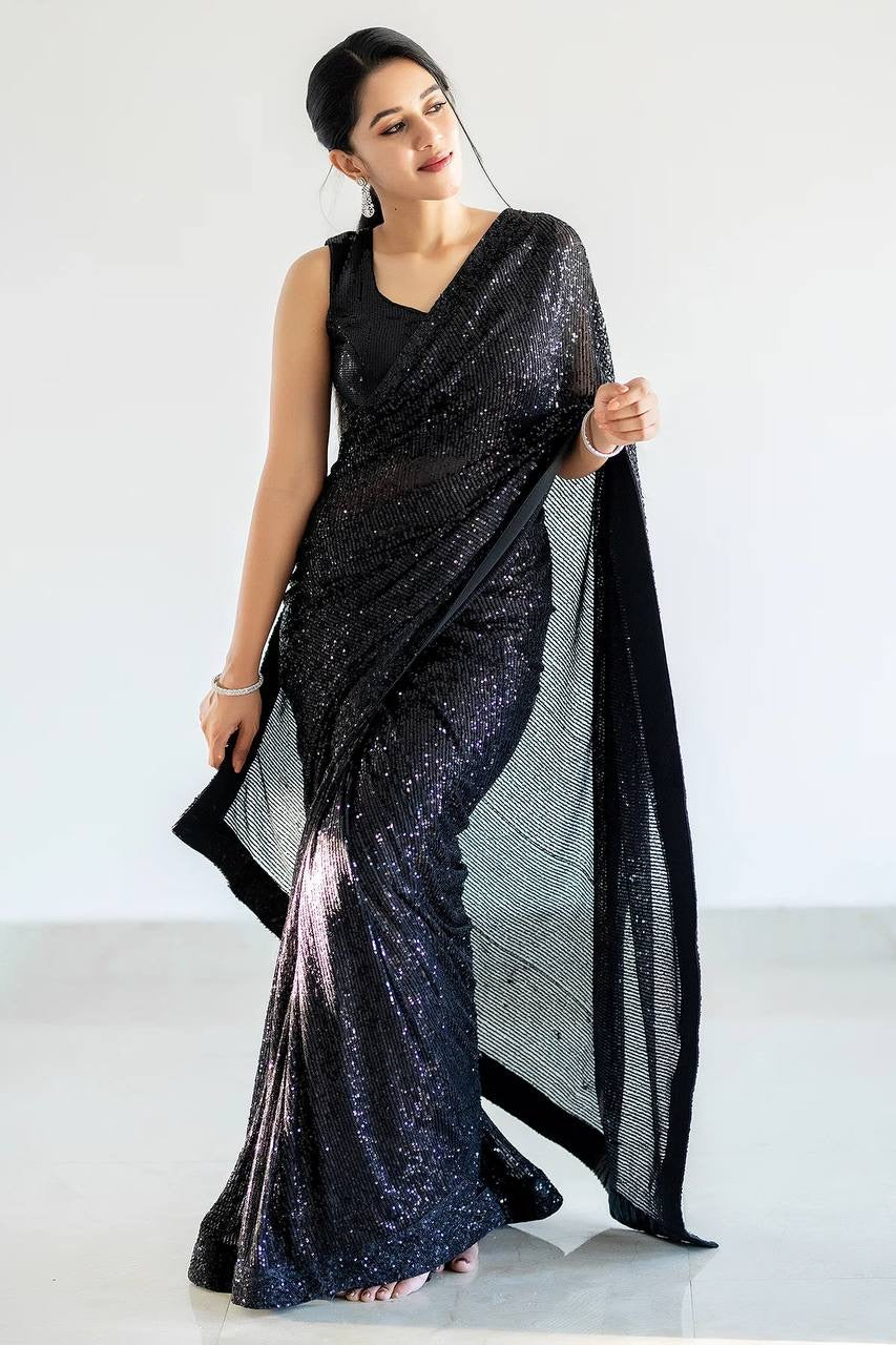Party Wear Designer Saree With Sequence Work & Piping Border