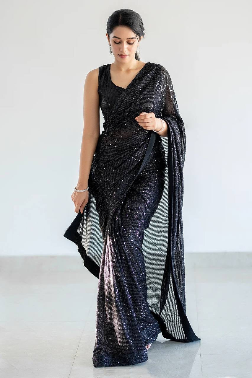 Party Wear Designer Saree With Sequence Work & Piping Border