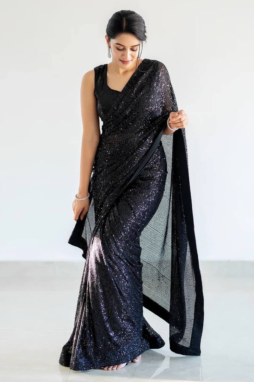 Party Wear Designer Saree With Sequence Work & Piping Border