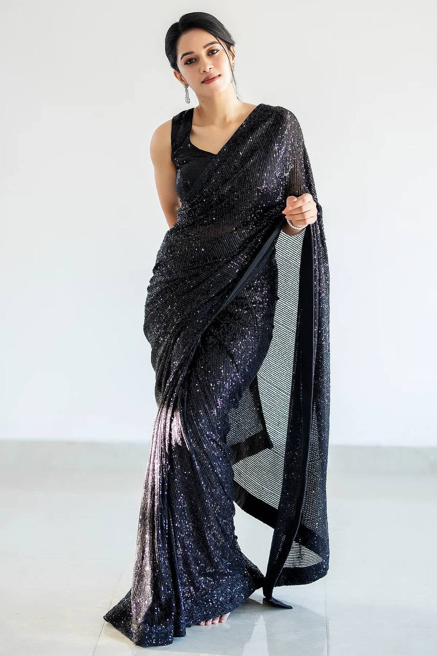 Party Wear Designer Saree With Sequence Work & Piping Border
