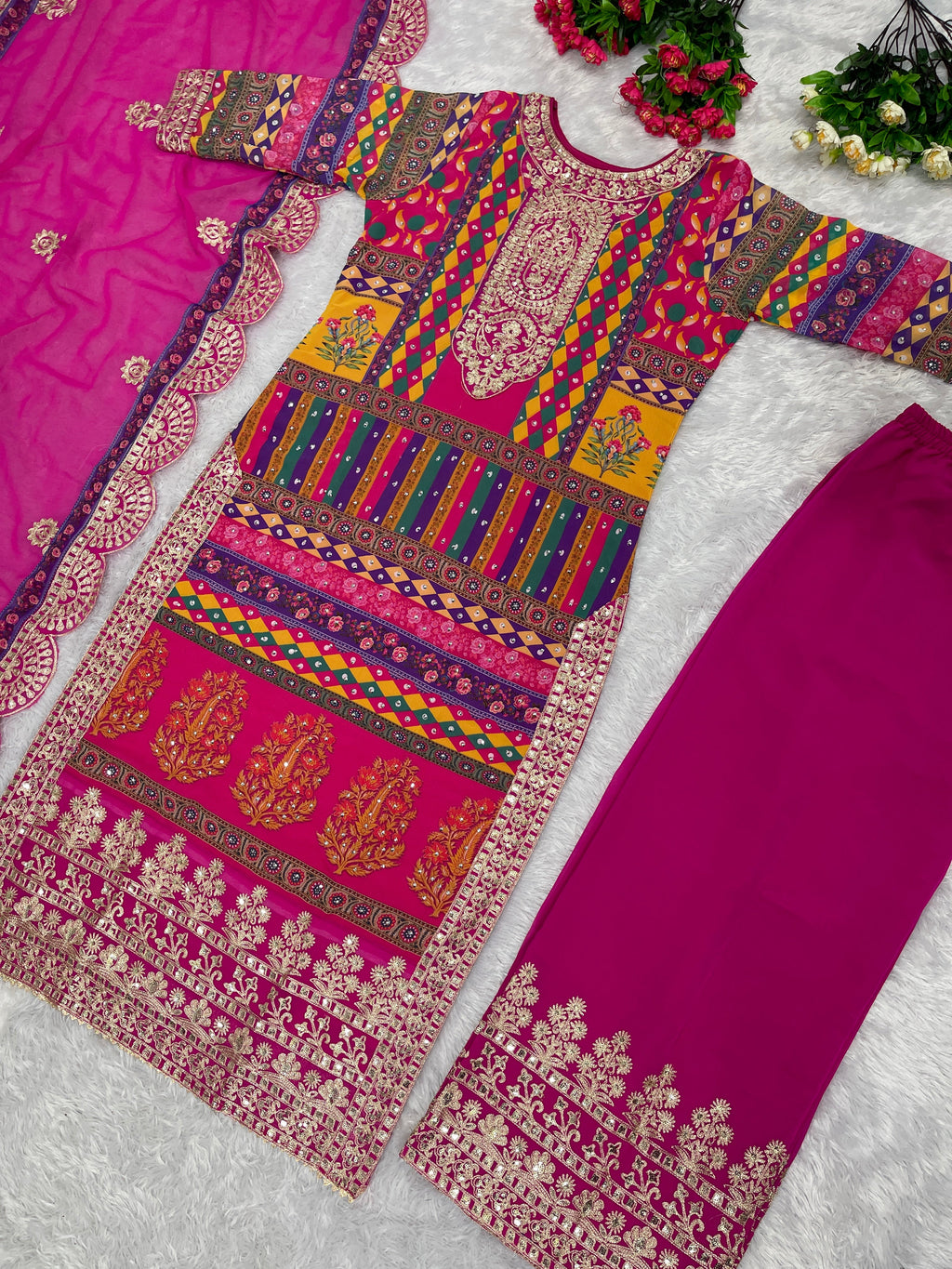 Beautiful Party Wear Top And Plazzo With Dupatta With Dimond Hand Work