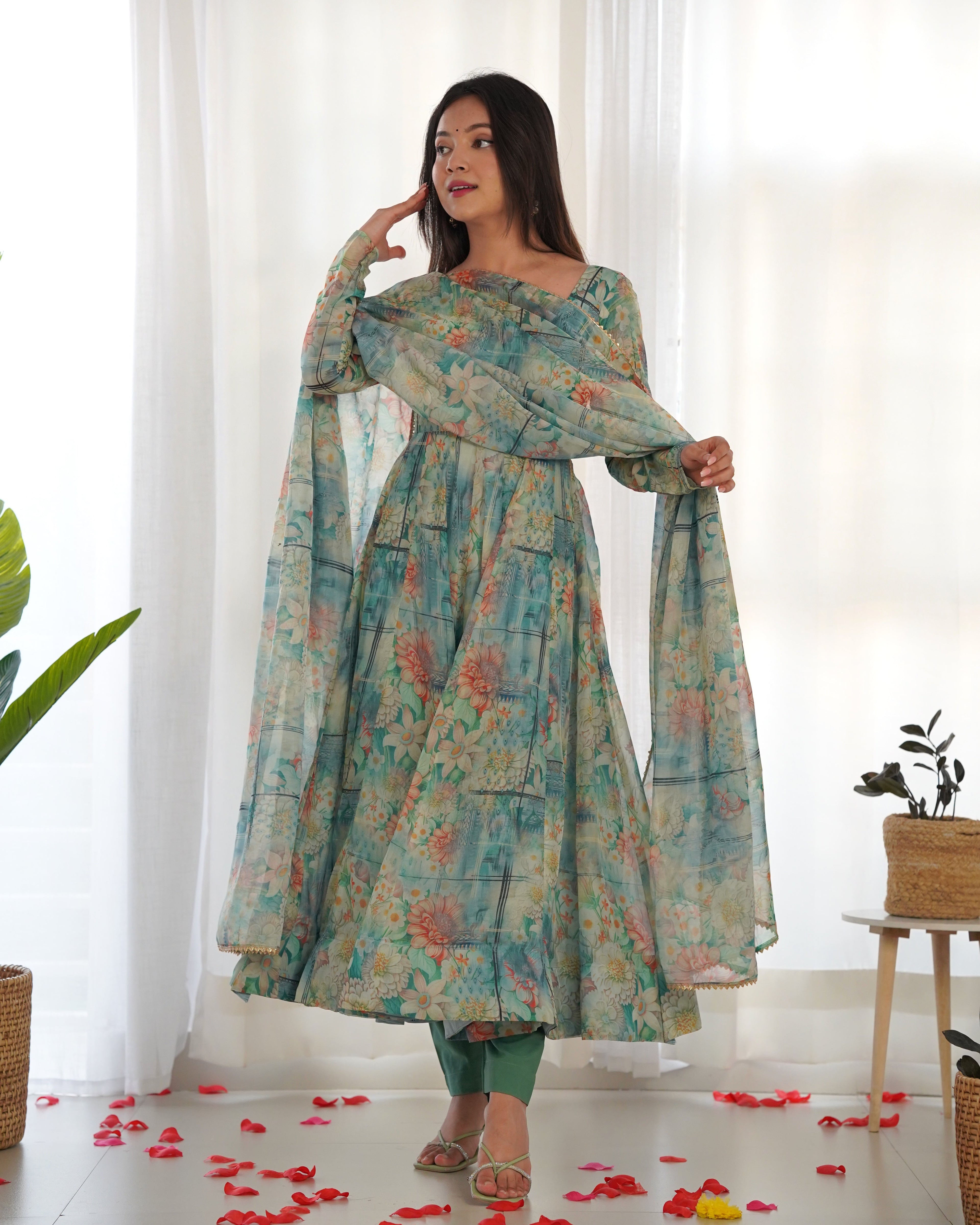Party Wear Beautiful Anarkali Gown And Pent With Dupatta