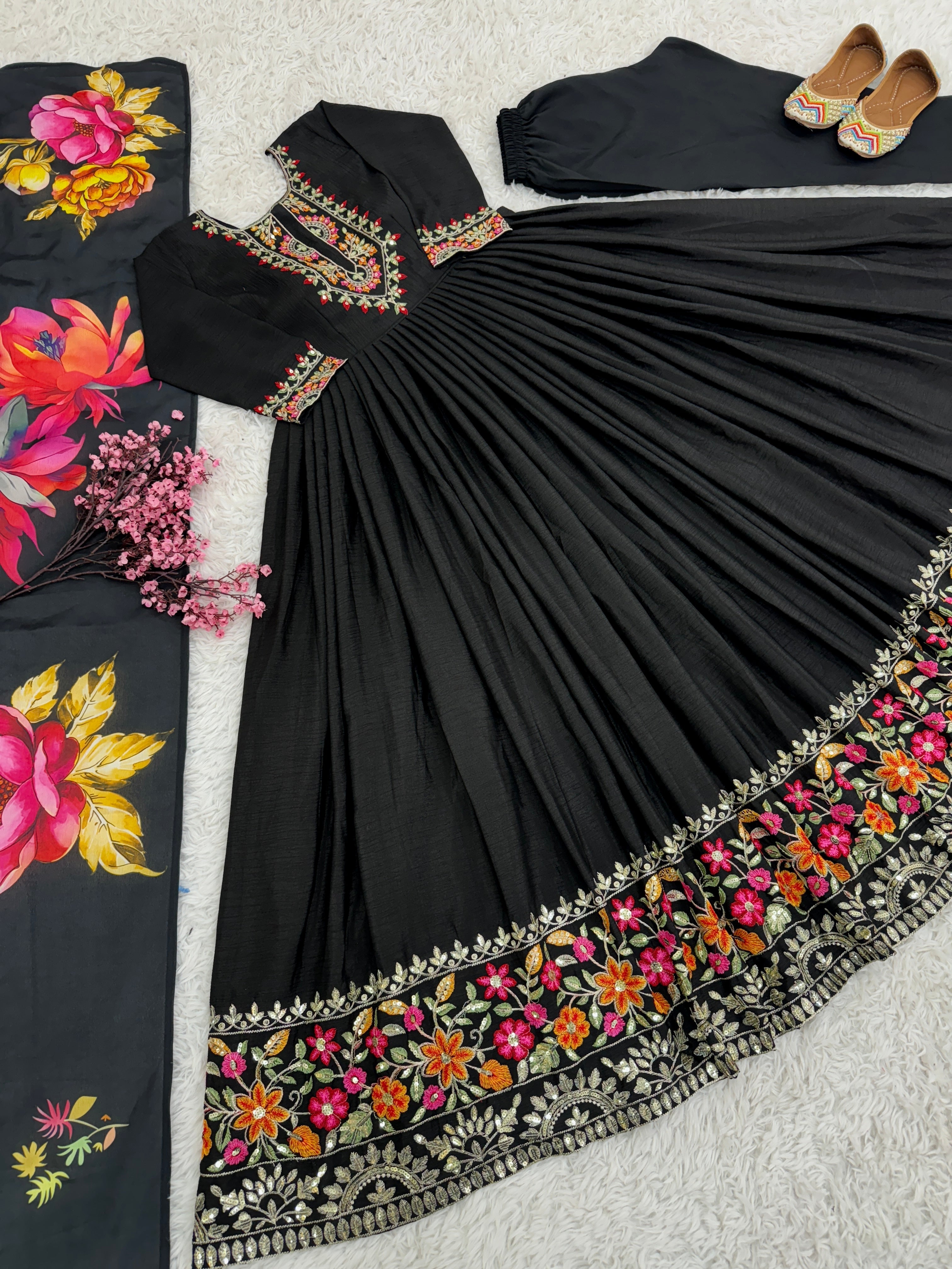 Designer Party Wear Gown With Fully Stitched Pent And Dupatta