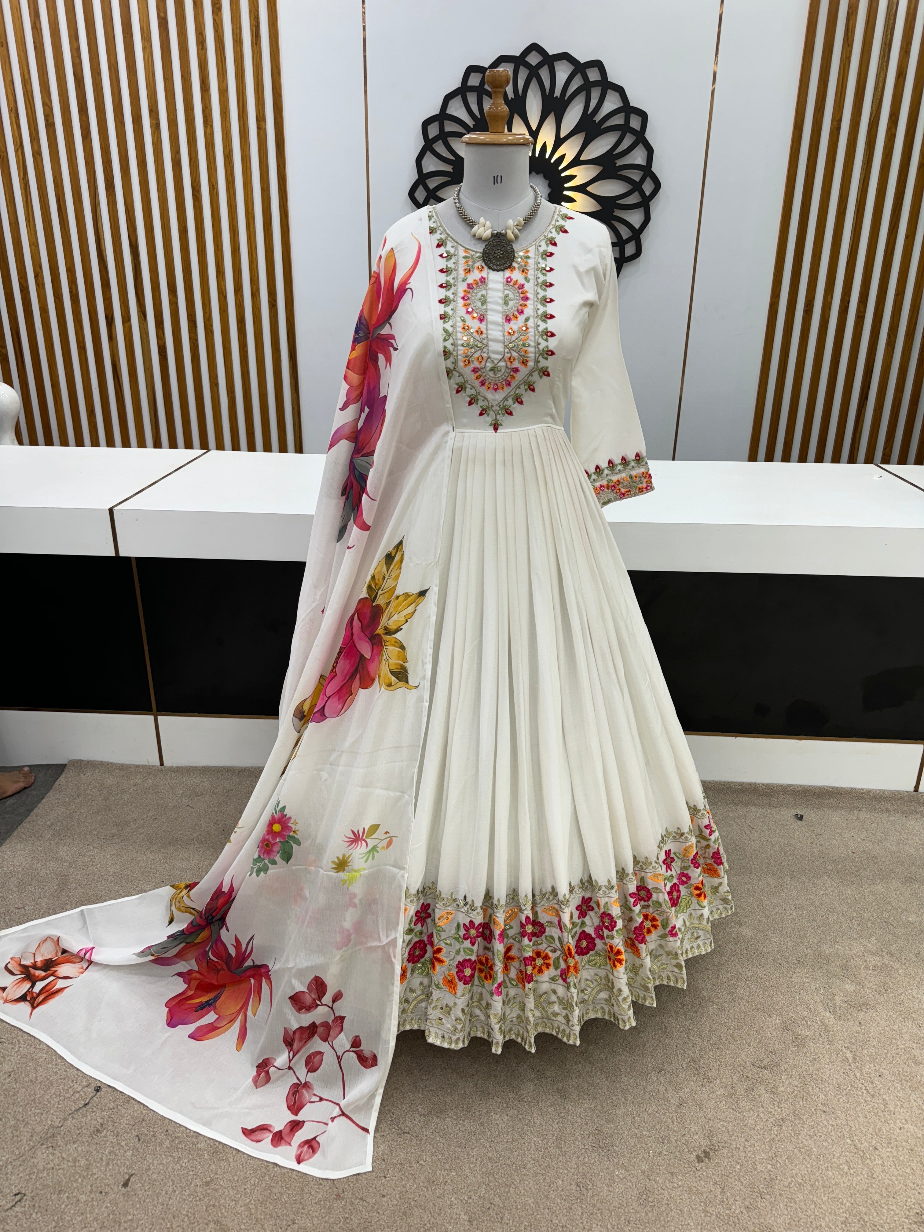Designer Party Wear Gown With Fully Stitched Pent And Dupatta