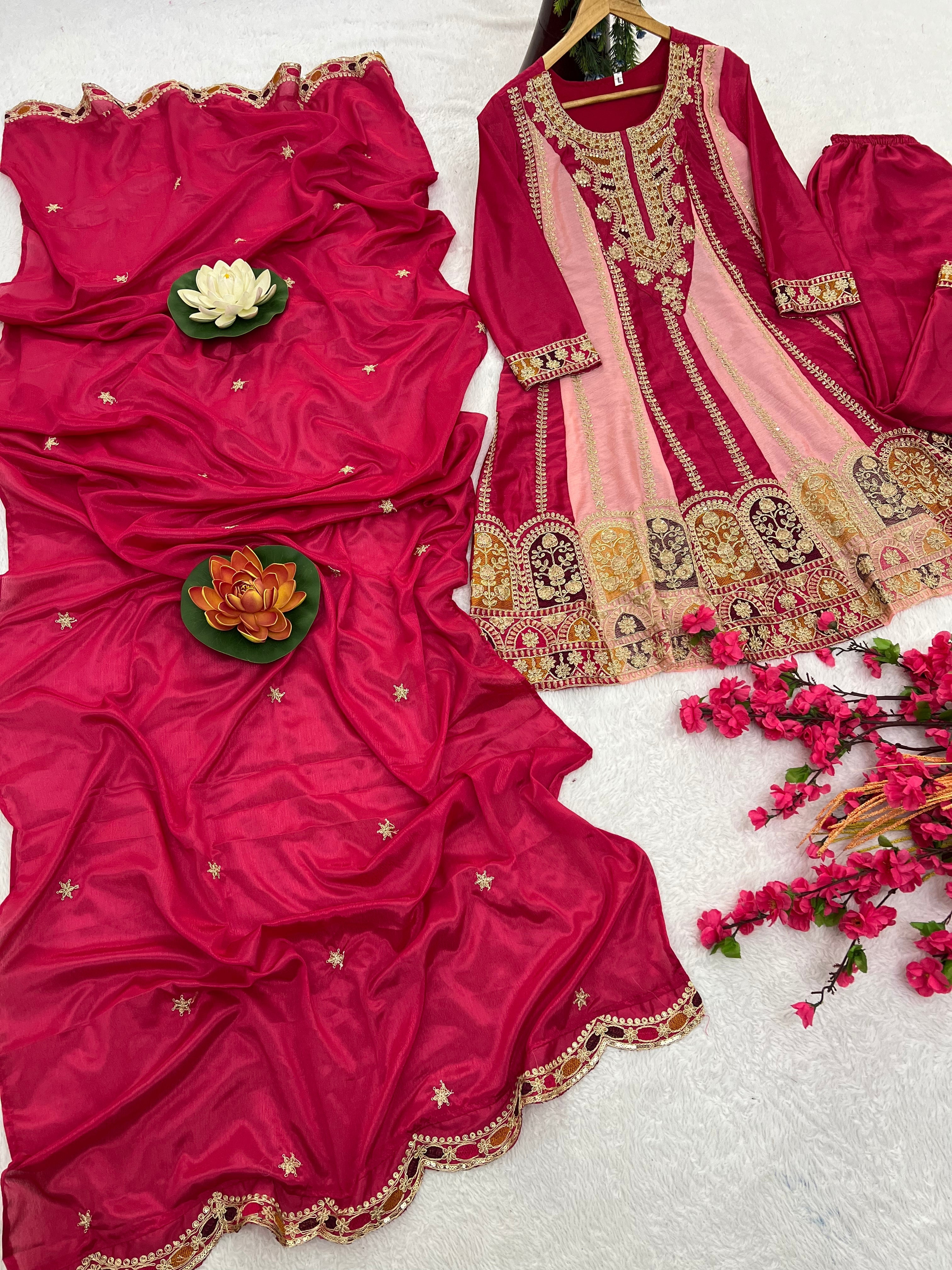 पार्टी वियर सुंदर टॉप-बॉटम और दुपट्टा मल्टी नीडल कढ़ाई वर्क के साथ