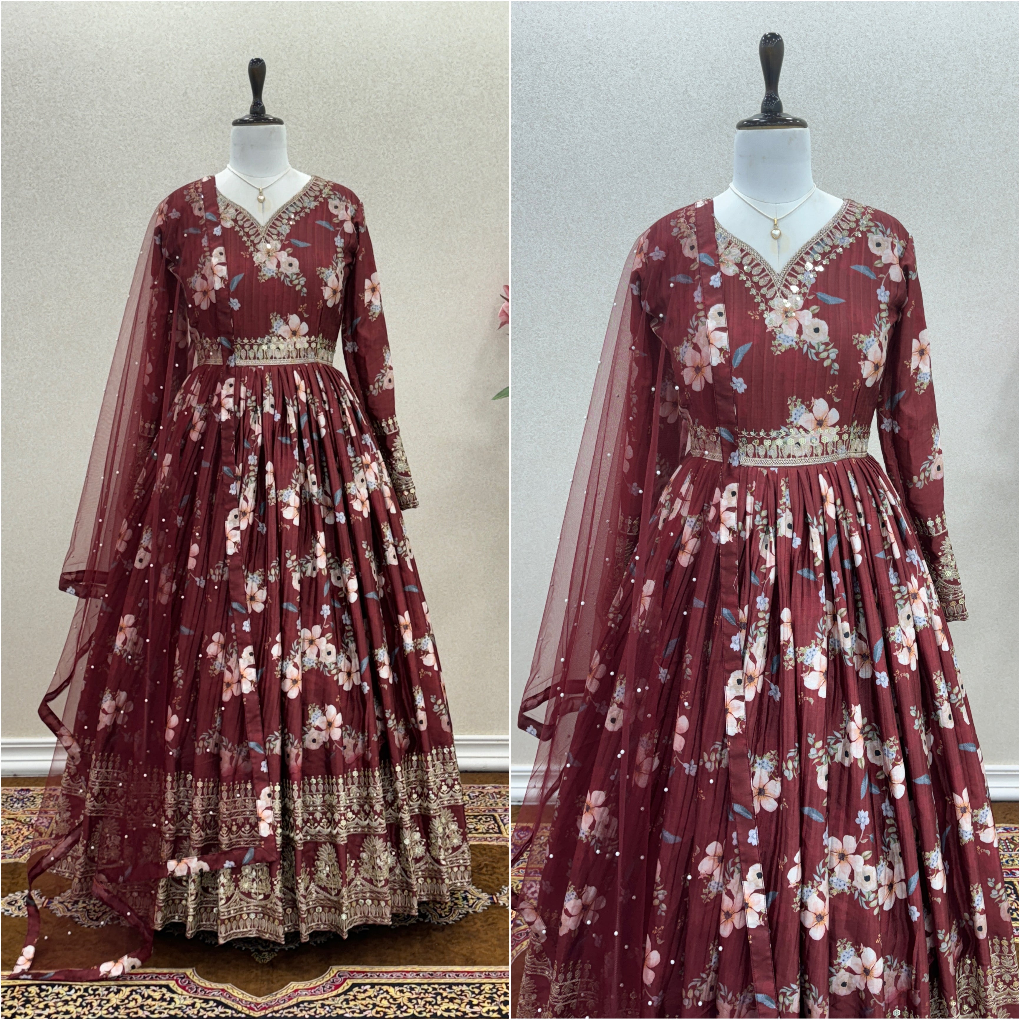 पार्टी वियर लुक गाउन बॉटम और दुपट्टा सेट के साथ