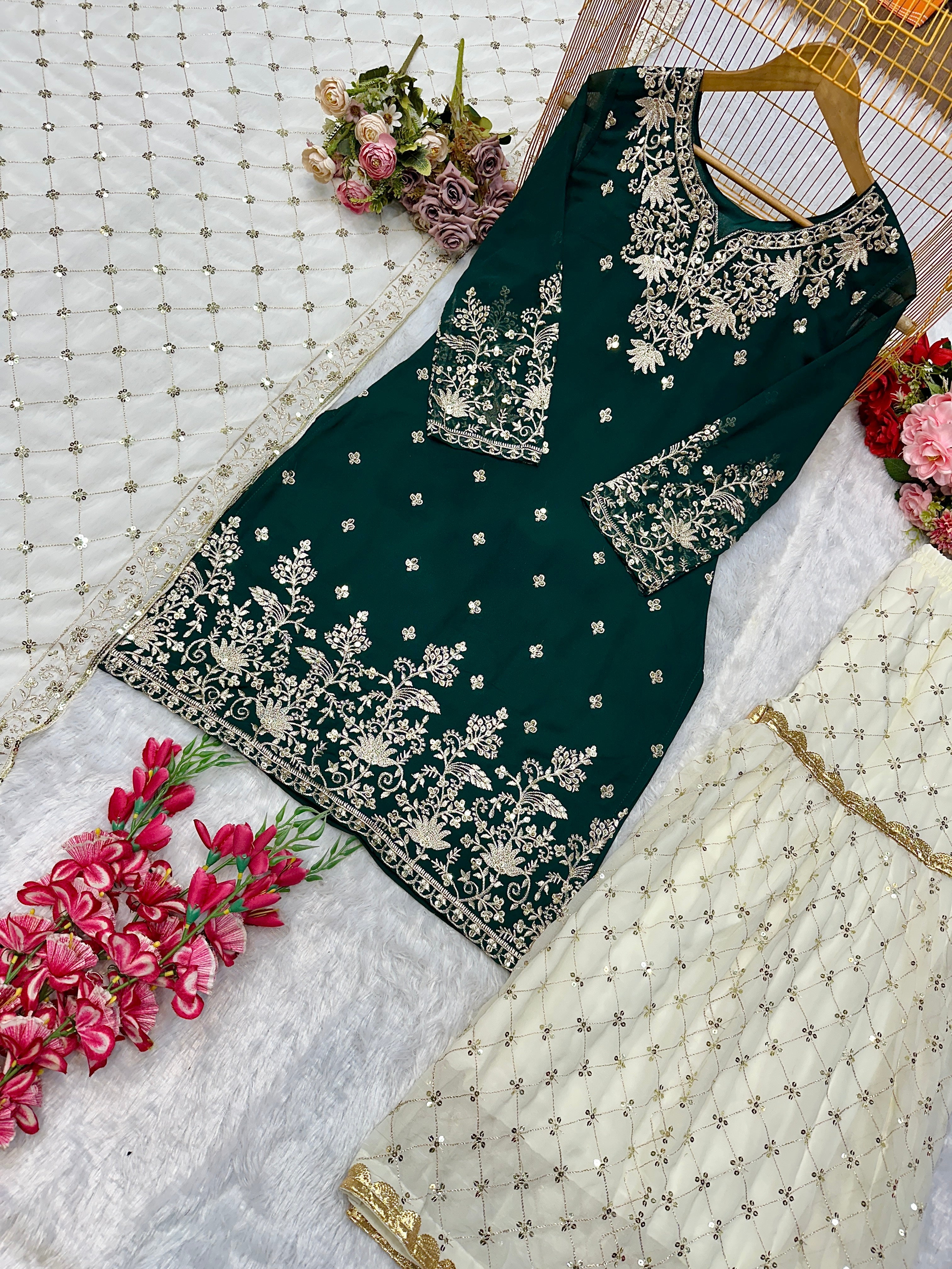 भारी कढ़ाई के काम के साथ डिज़ाइनर पार्टी वियर सूट सेट