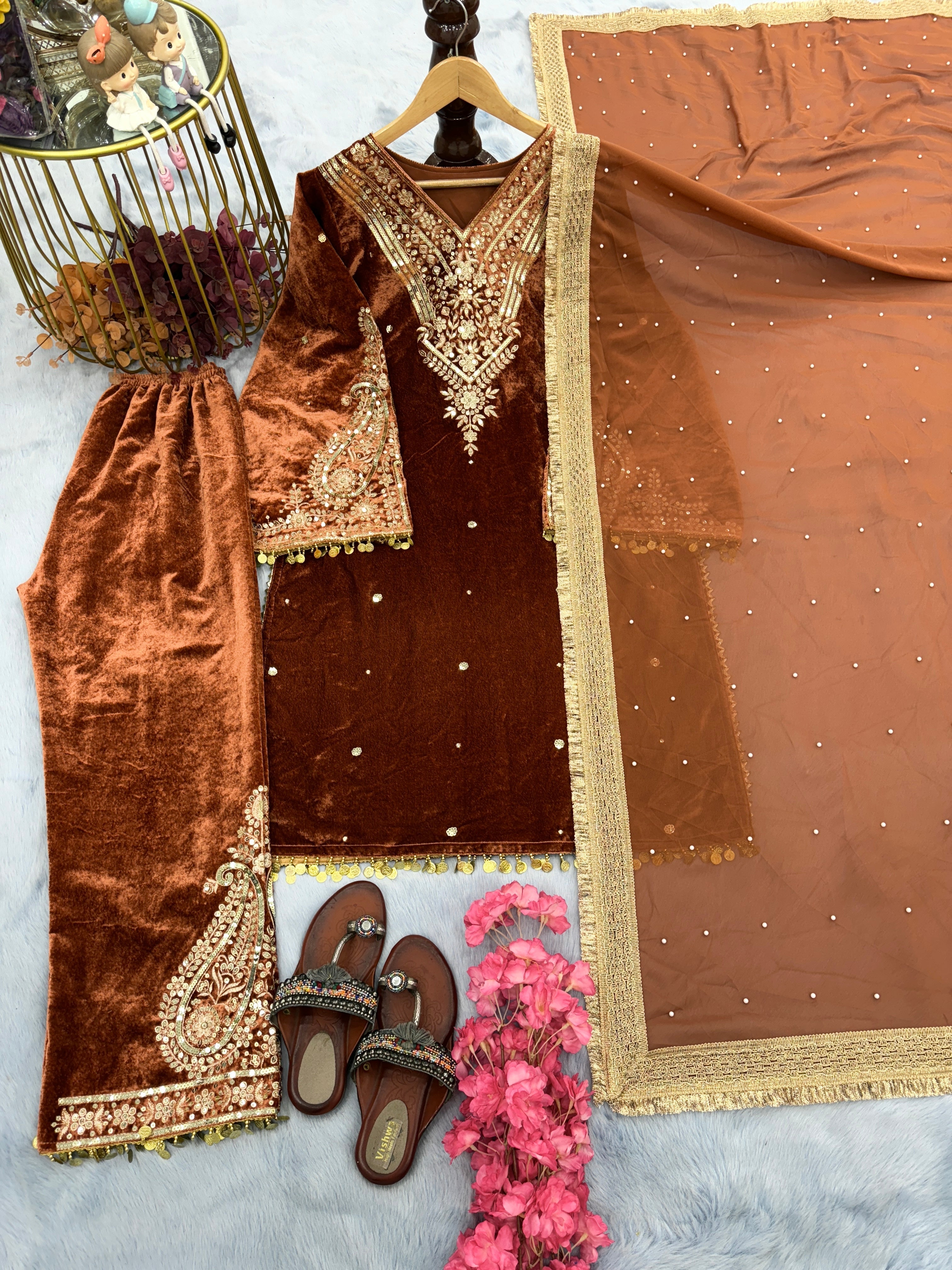 Designer Party Wear Look Heavy Pure Viscose Velvet Top Plazzo &amp; Dupatta Set