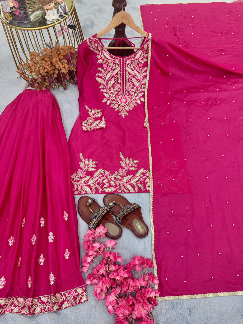 Designer Party Wear Look Pure Chinon Silk Top Plazzo & Dupatta Set